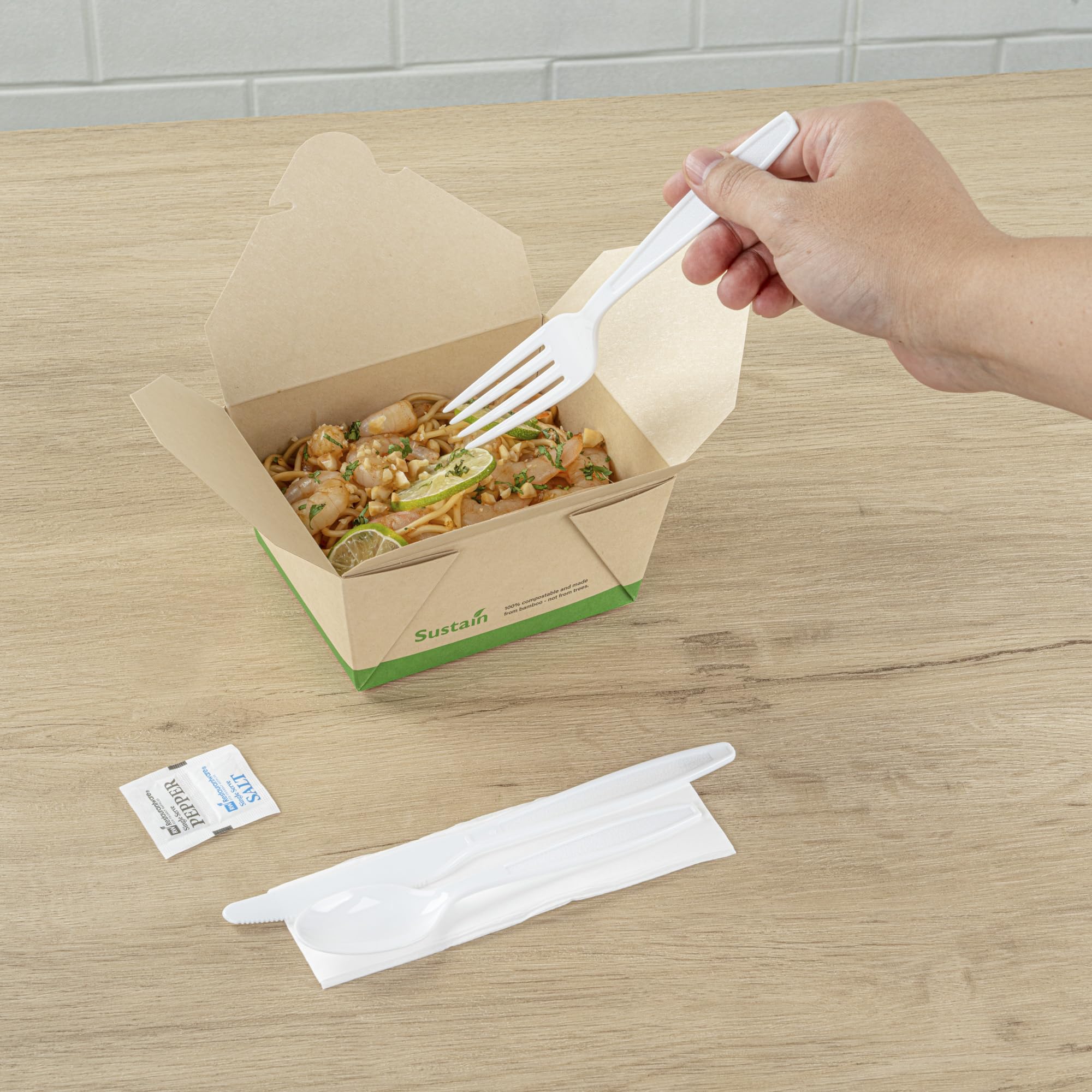 Restaurantware Utensil Kit 500 Pack of Plastic Cutlery Set Individually Wrapped Knife Fork Spoon Set with Napkin And Condiments For Take Out Catering