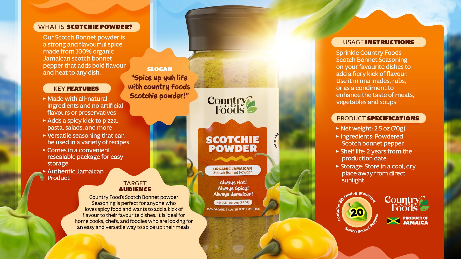 Country Foods All Natural Jamaican Scotch Bonnet Powder, 2.5 oz, Gluten-Free