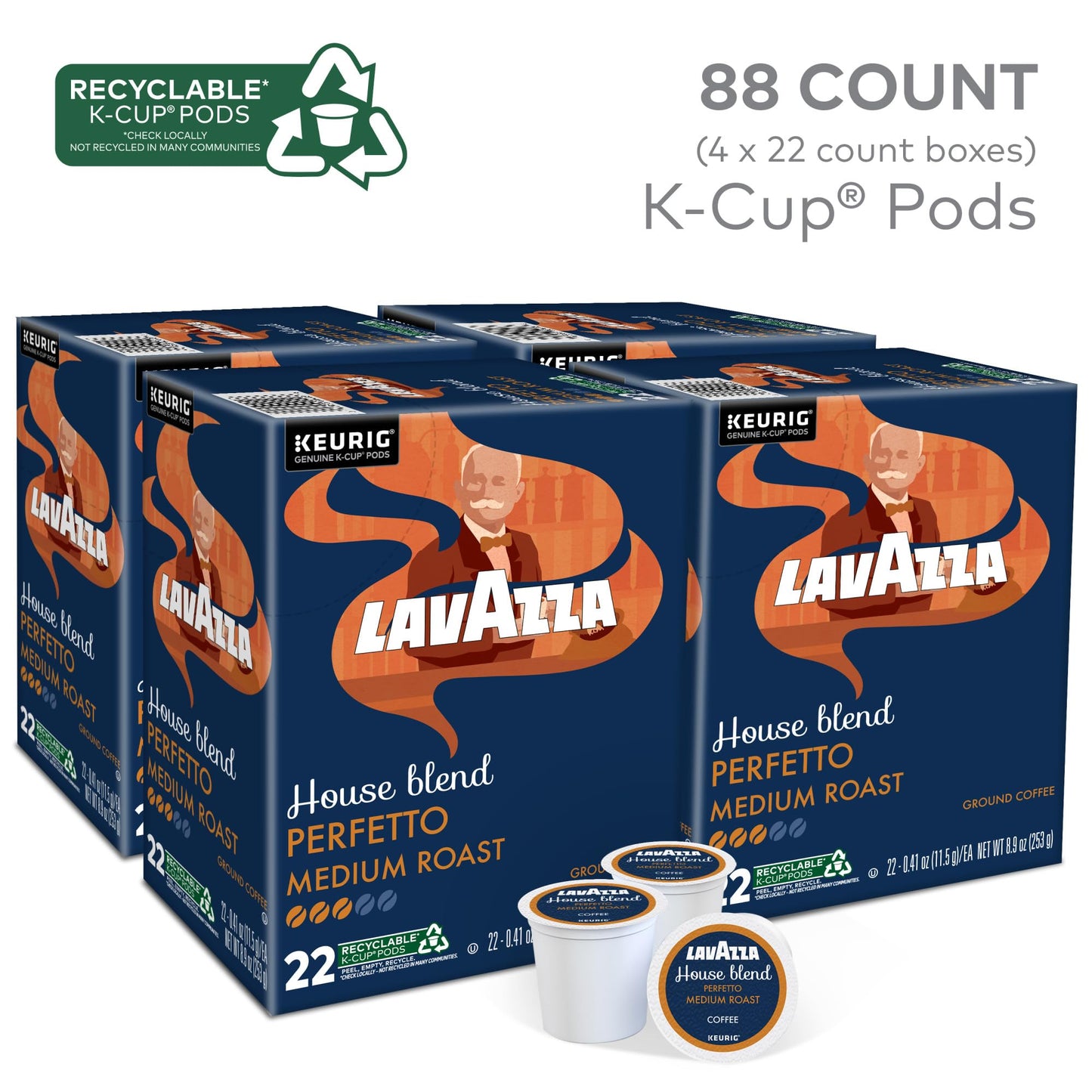 Lavazza House Blend Perfetto, Single-Serve Keurig K-Cup Pods, Medium Roast Coffee, 88-Count Box (4 Packs of 22)