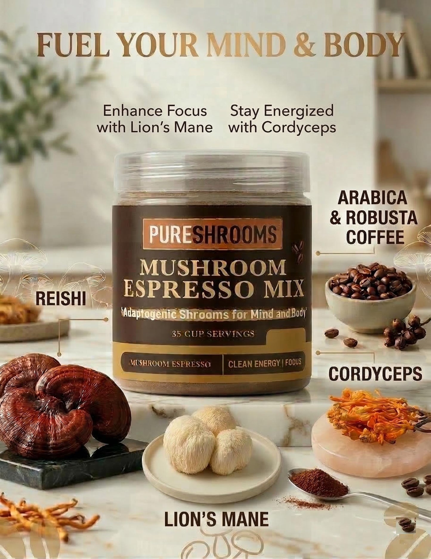 PureShrooms Instant Mushroom Espresso Blend - Organic Adaptogenic Coffee with Lion's Mane, Reishi, Cordyceps - Arabica & Robusta Blend, 70g - Mental