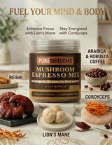 PureShrooms Instant Mushroom Espresso Blend - Organic Adaptogenic Coffee with Lion's Mane, Reishi, Cordyceps - Arabica & Robusta Blend, 70g - Mental