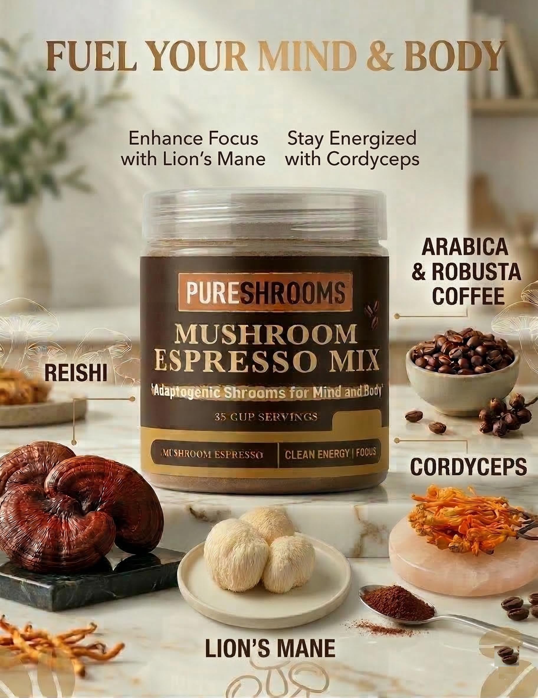 PureShrooms Instant Mushroom Espresso Blend - Organic Adaptogenic Coffee with Lion's Mane, Reishi, Cordyceps - Arabica & Robusta Blend, 70g - Mental