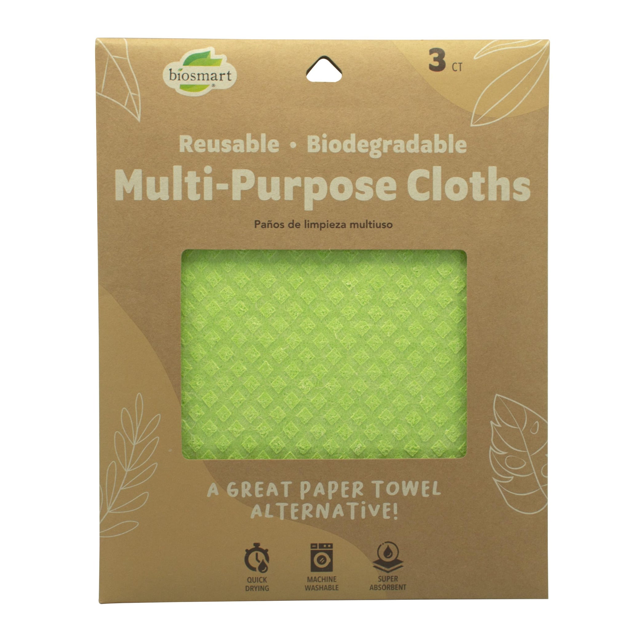 Biosmart Reusable Multi-Purpose Cloths: Paper Towel Alternative, Absorbent, Quick Drying, Lint-Free, 3 Count, Green, Cotton/50%, Viscose/50%