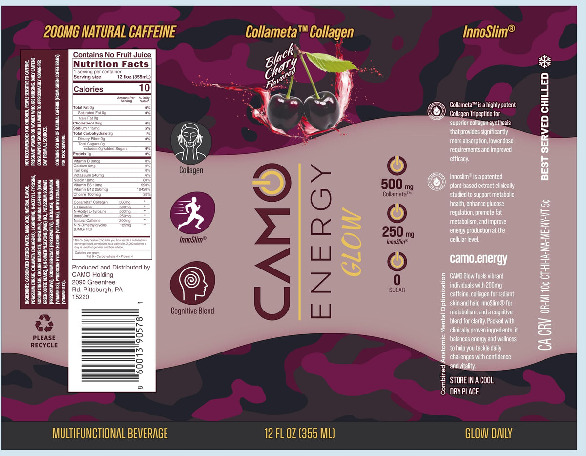 CAMO Energy Glow Black Cherry, 200mg Natural Caffeine, Collameta® Collagen Peptides, InnoSlim®, Zero Sugar, 12oz Cans, 24 Pack