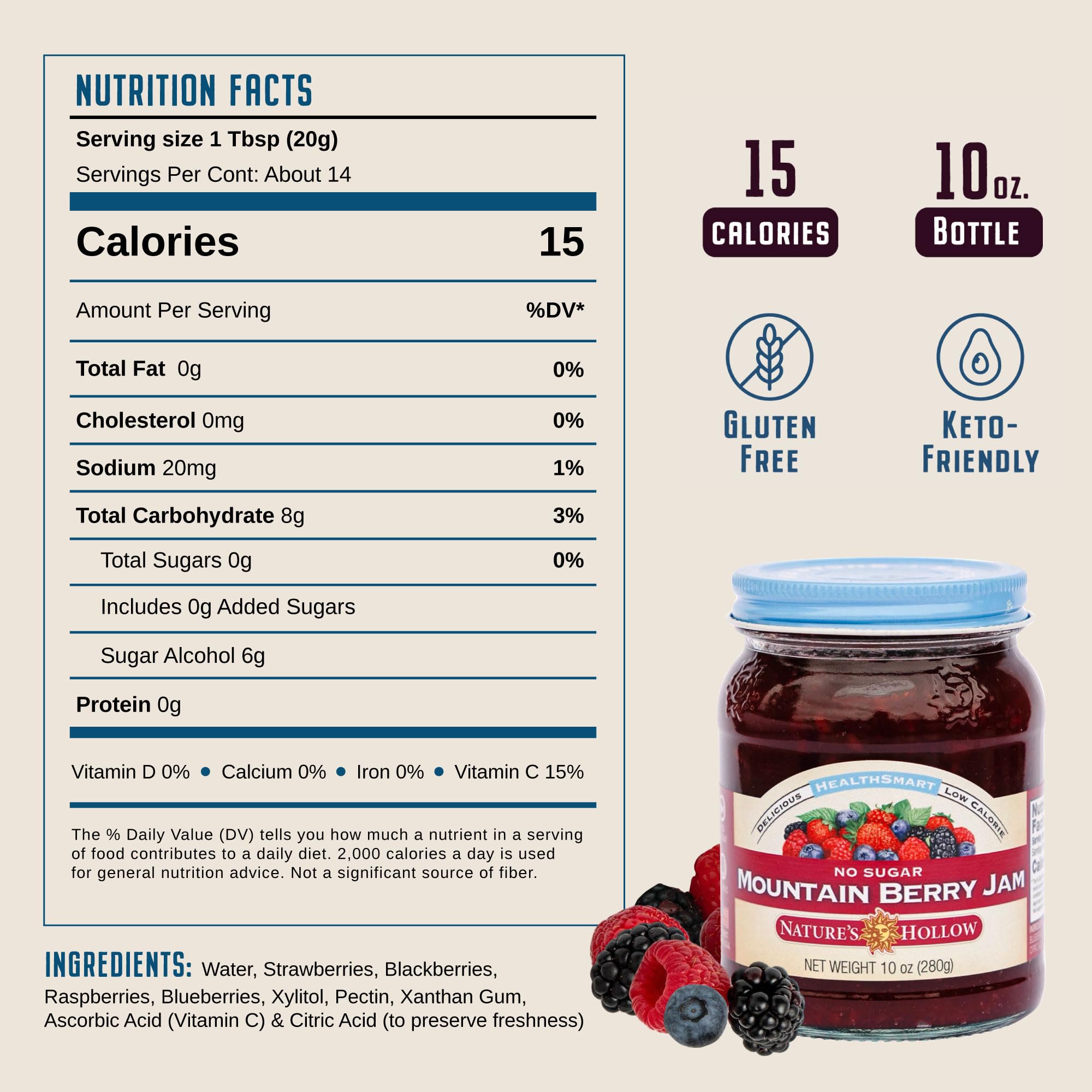 Nature's Hollow Mountain Berry Jam: Sugar Free Jam and Preserves, Low Cal, Non GMO, Keto Jam, Vegan, Gluten Free, and Diabetic Friendly - Sugar Free