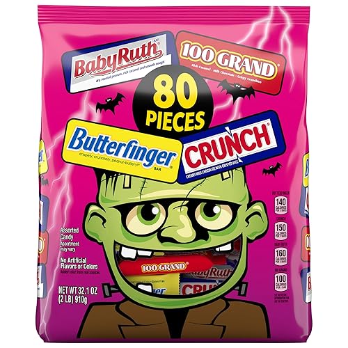 Butterfinger, CRUNCH, Baby Ruth, 100 Grand Fun Size, Assorted Candy Bars, Great for Sharing, Bulk 80 Count Pack, 32.1 oz