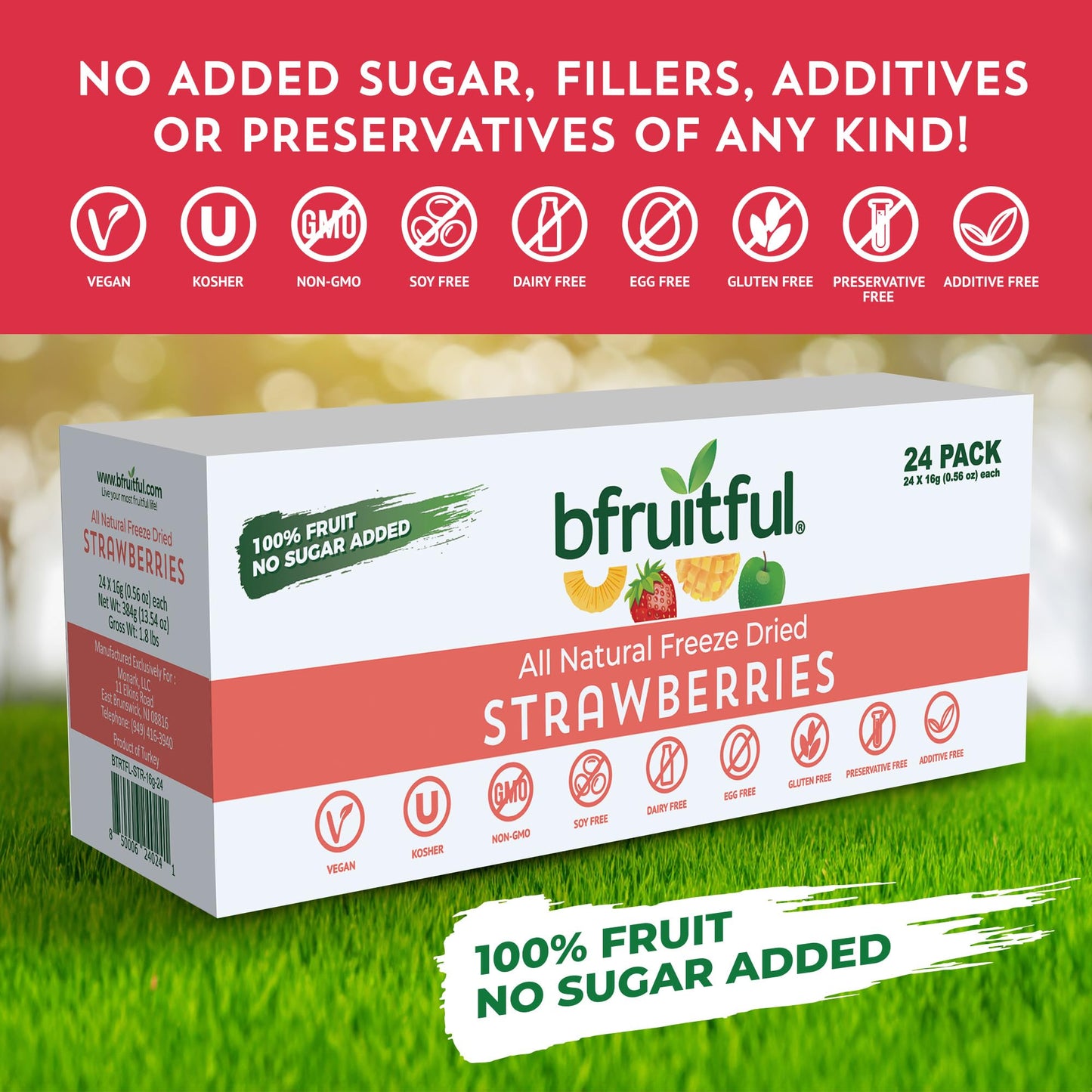 bfruitful Freeze Dried Strawberries, Freeze-Dried Strawberry Snacks with No Sugar Added, Vegan, Non GMO, Kosher, Fruit Bites for Kids and Adults, 0.56