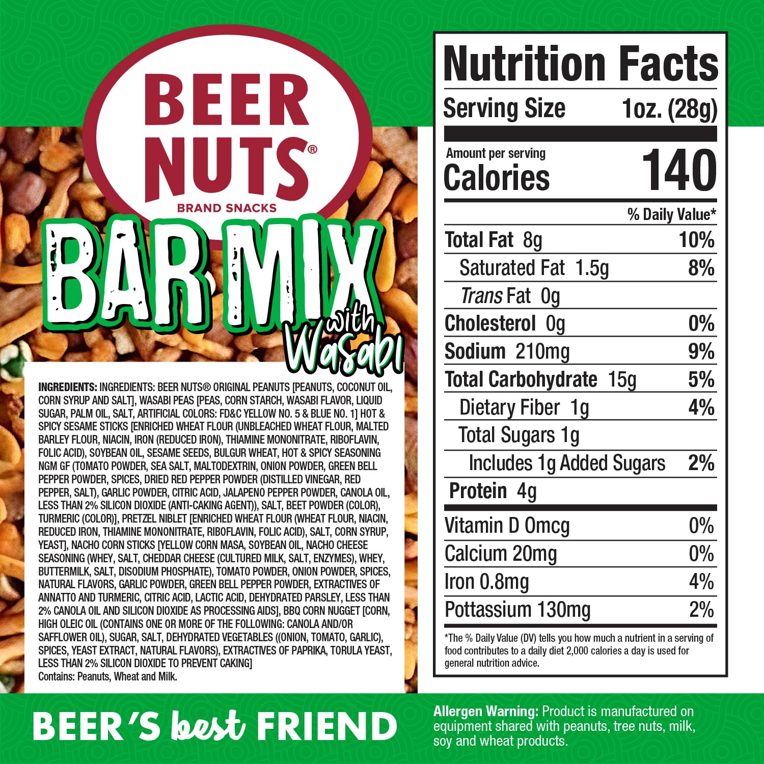 Beer Nuts Bar Mix w/ Wasabi Peas, Travel Packs, Tangy Wasabi, Crunchy Party Pretzels, Cheese Sticks, Sesame Sticks, Roasted Corn Nuts, & Original