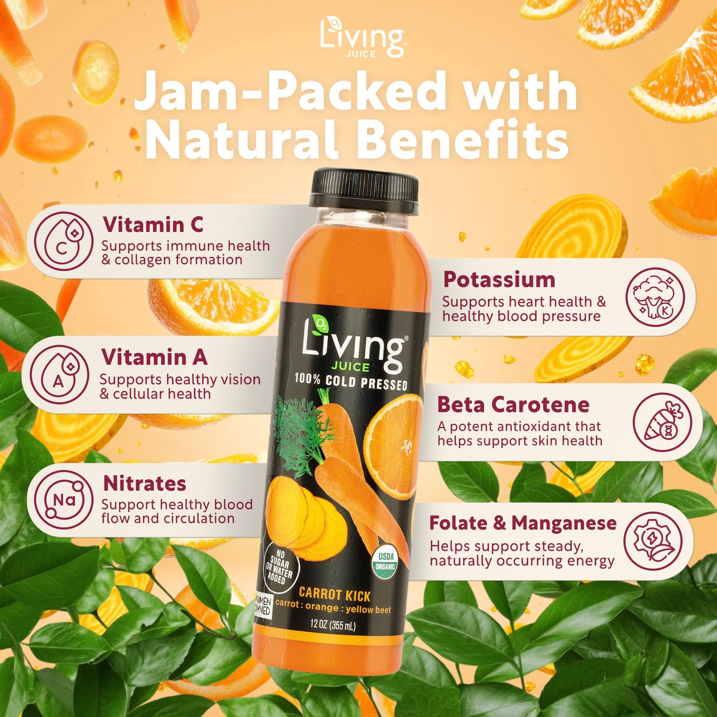 O2 Living Juice Cold Pressed Drink - Carrot Kick Organic Juice Pack - No Added Sugars or Water, Naturally Sweetened from Fruits, Rich in Nutrients