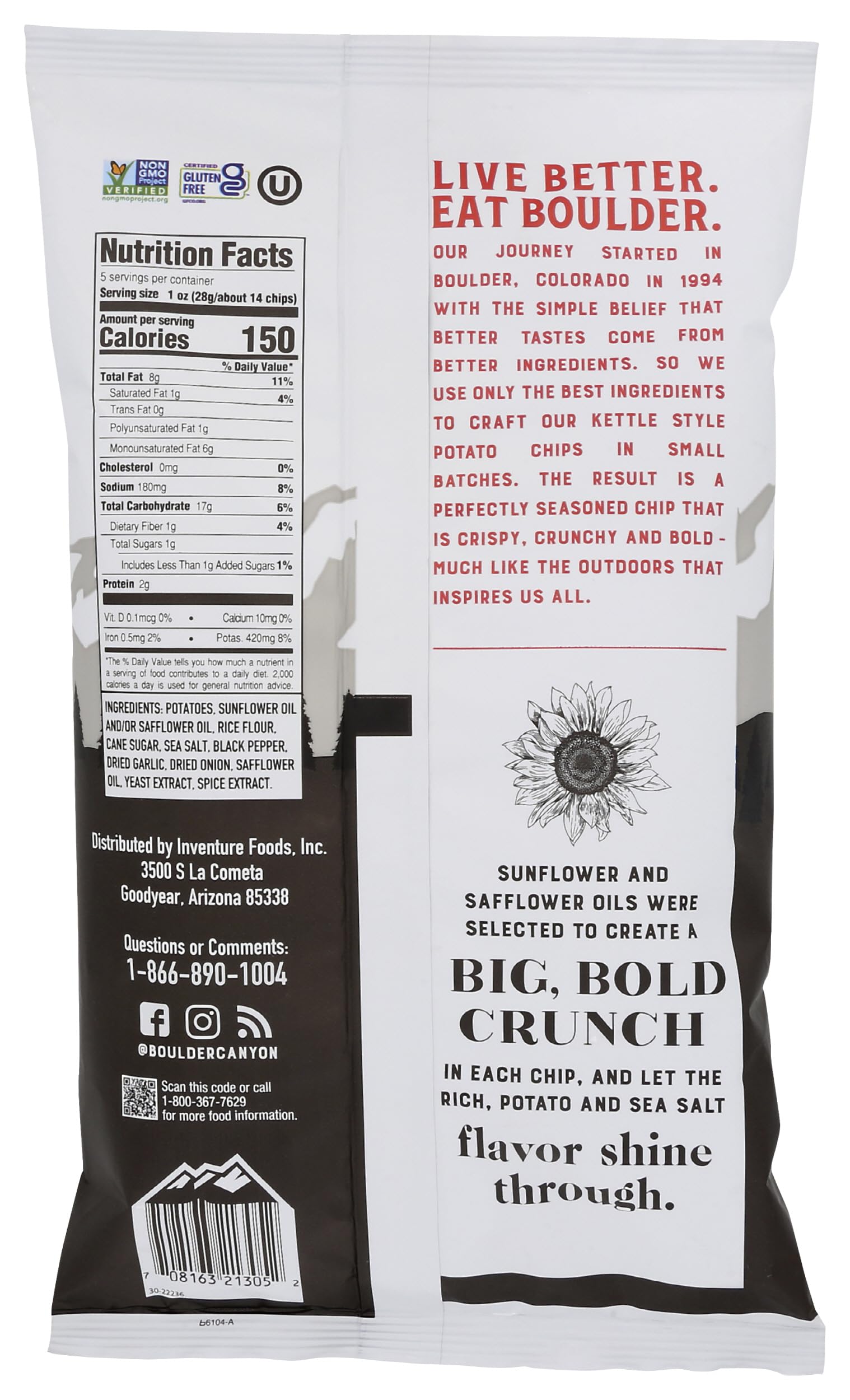 Boulder Canyon Kettle Cooked Potato Chips, Sea Salt & Cracked Pepper, 5 Ounce (Pack of 12)