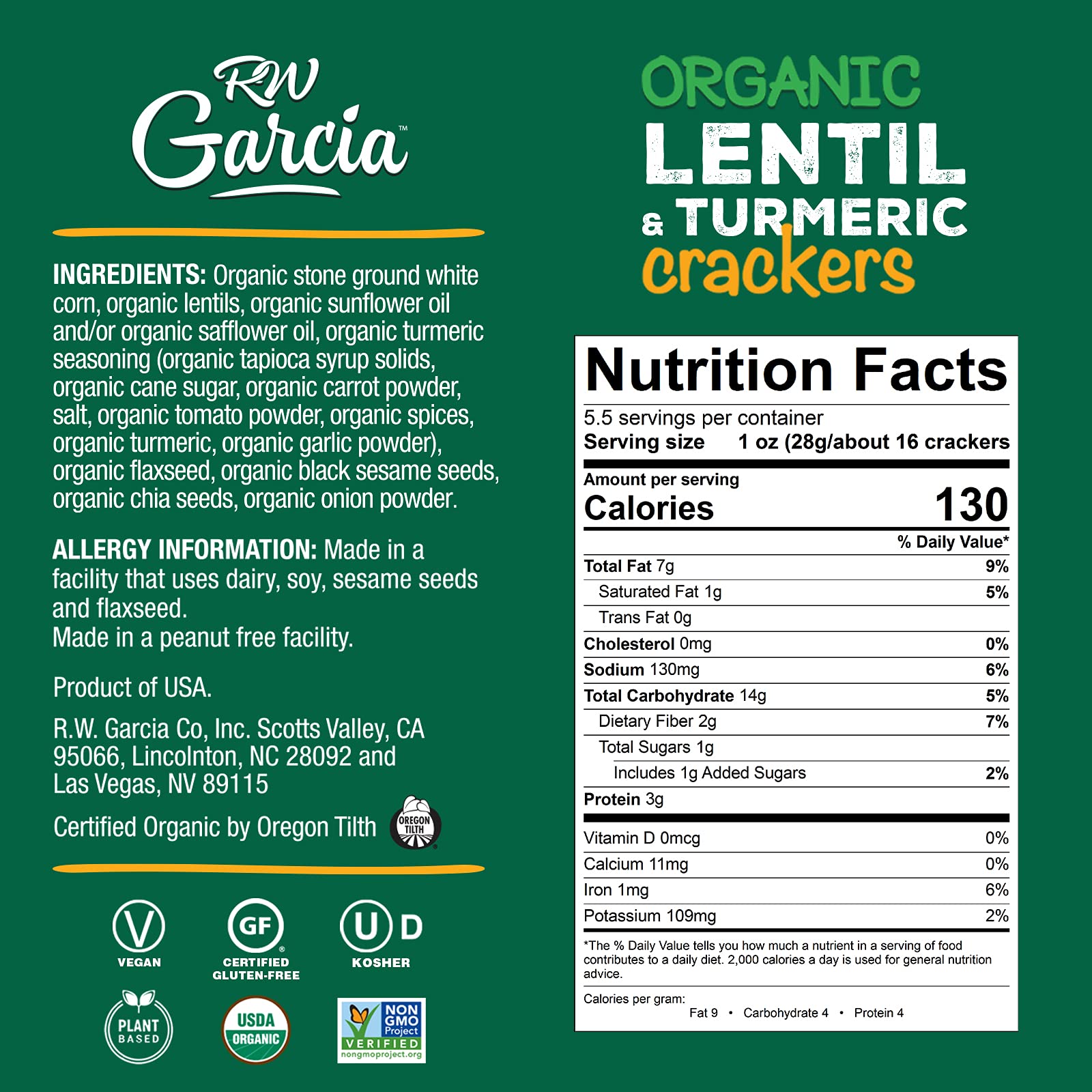 RW Garcia Organic Lentil & Turmeric Crackers, Gluten Free, 5.5oz Boxes, 6 Pack