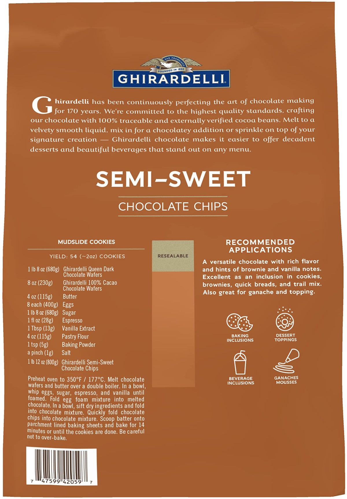 Ghirardelli Semi-Sweet Chocolate Chips, 5lb bag with Ghirardelli Stamped Barista Spoon