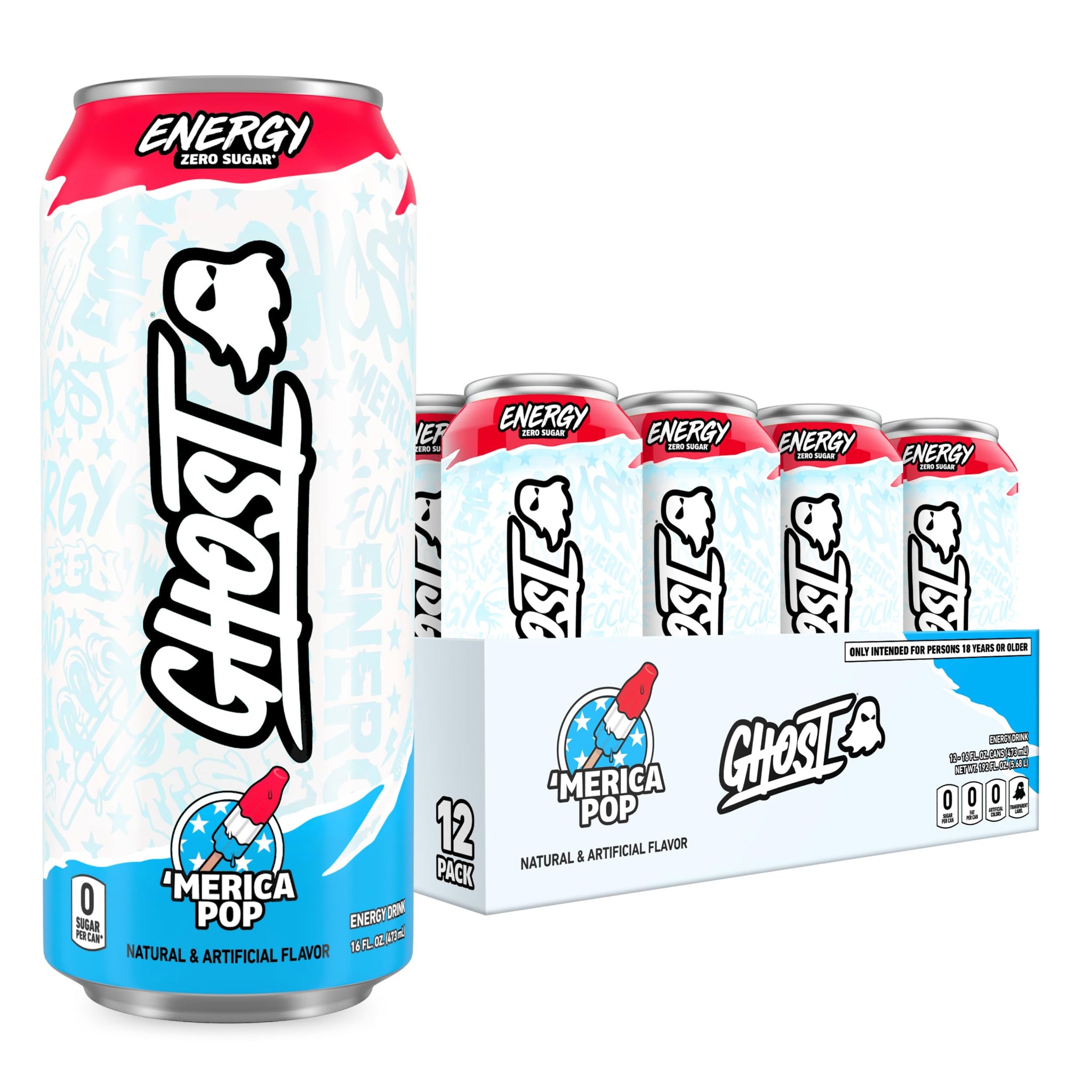 GHOST Energy Drink - 12-Pack, 'Merica Pop, 16oz Cans - Energy & Focus & No Artificial Colors - 200mg of Natural Caffeine, L-Carnitine & Taurine