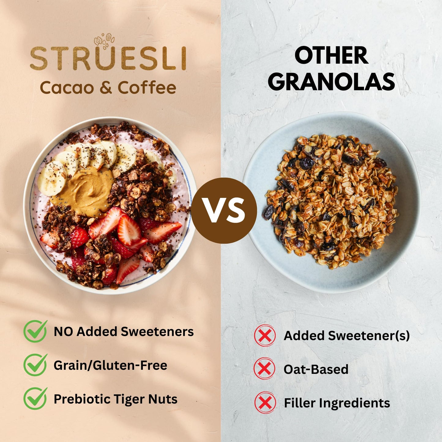 Struesli Cacao & Coffee Organic Granola, Grain & Gluten Free, Healthy Snacks with Cacao, Coffee, Tiger Nuts, Pecans, Walnuts, Hemp Hearts & Coconut