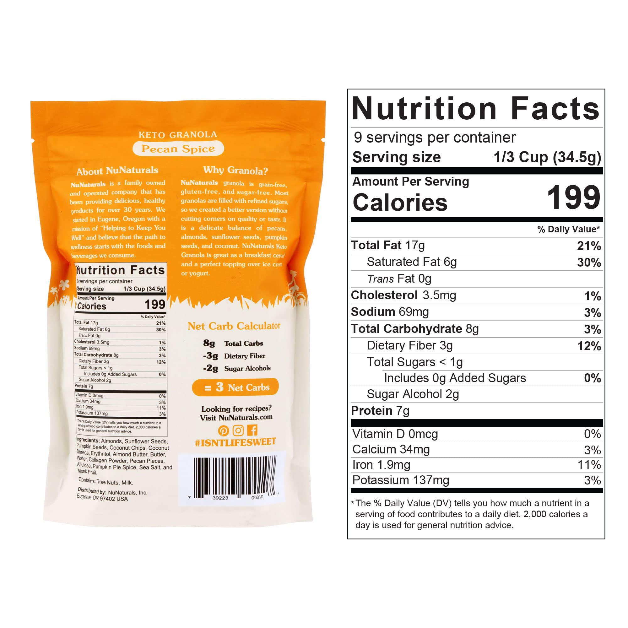 NuNaturals, Keto Granola + Collagen, Low Carb, High Protein Breakfast & Snack, 11 oz, Pecan Spice
