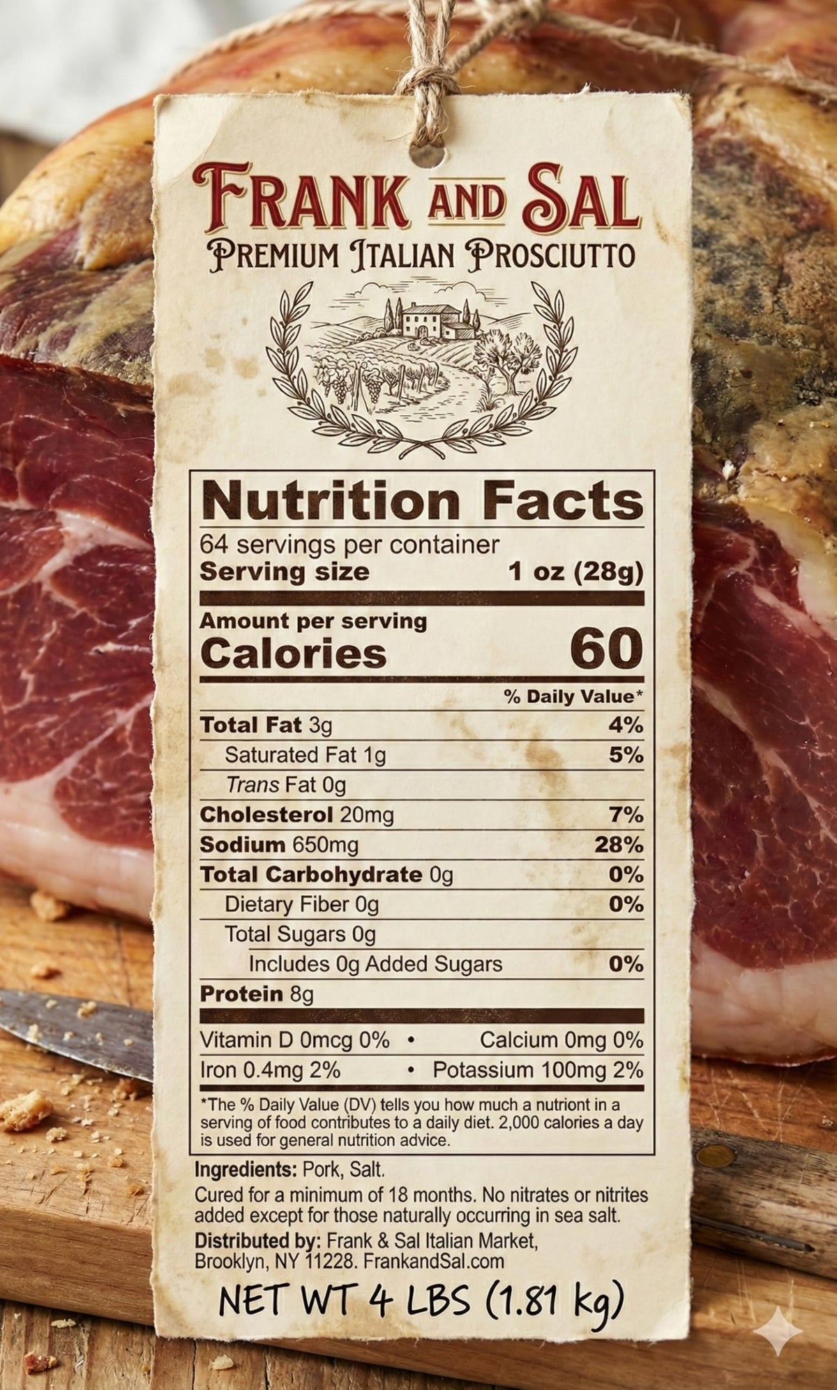 Imported Premium Prosciutto aged 14 months Boneless 4 Pound Sliced. Hand selected and cut from the leg. (4 Pound-Sliced)