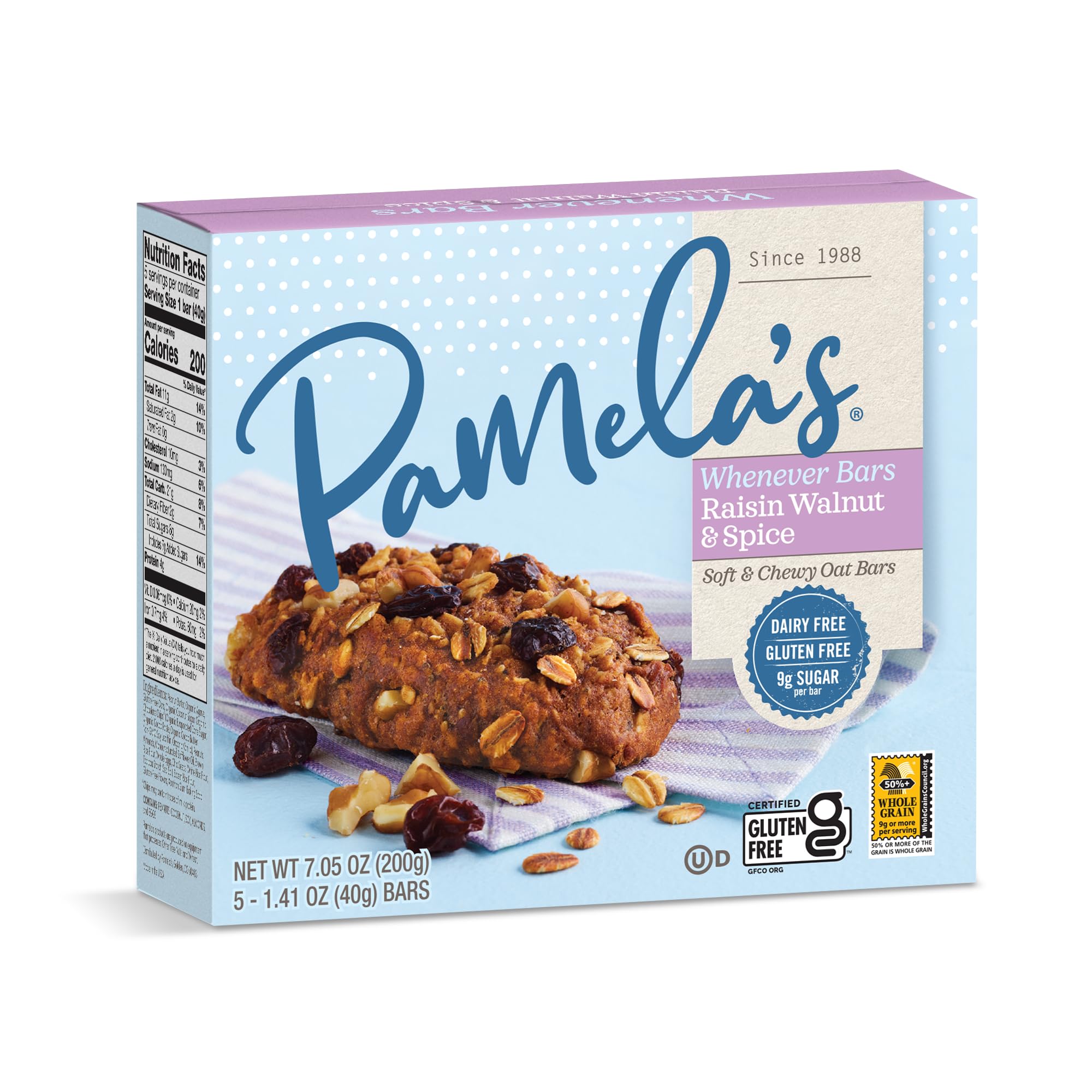 Pamela’s Whenever Bars for Breakfast and On-The-Go Snacks, Soft and Chewy Oat Bars, Dairy Free Gluten Free, Raisin Walnut and Spice, 7.05 Ounce (Pack