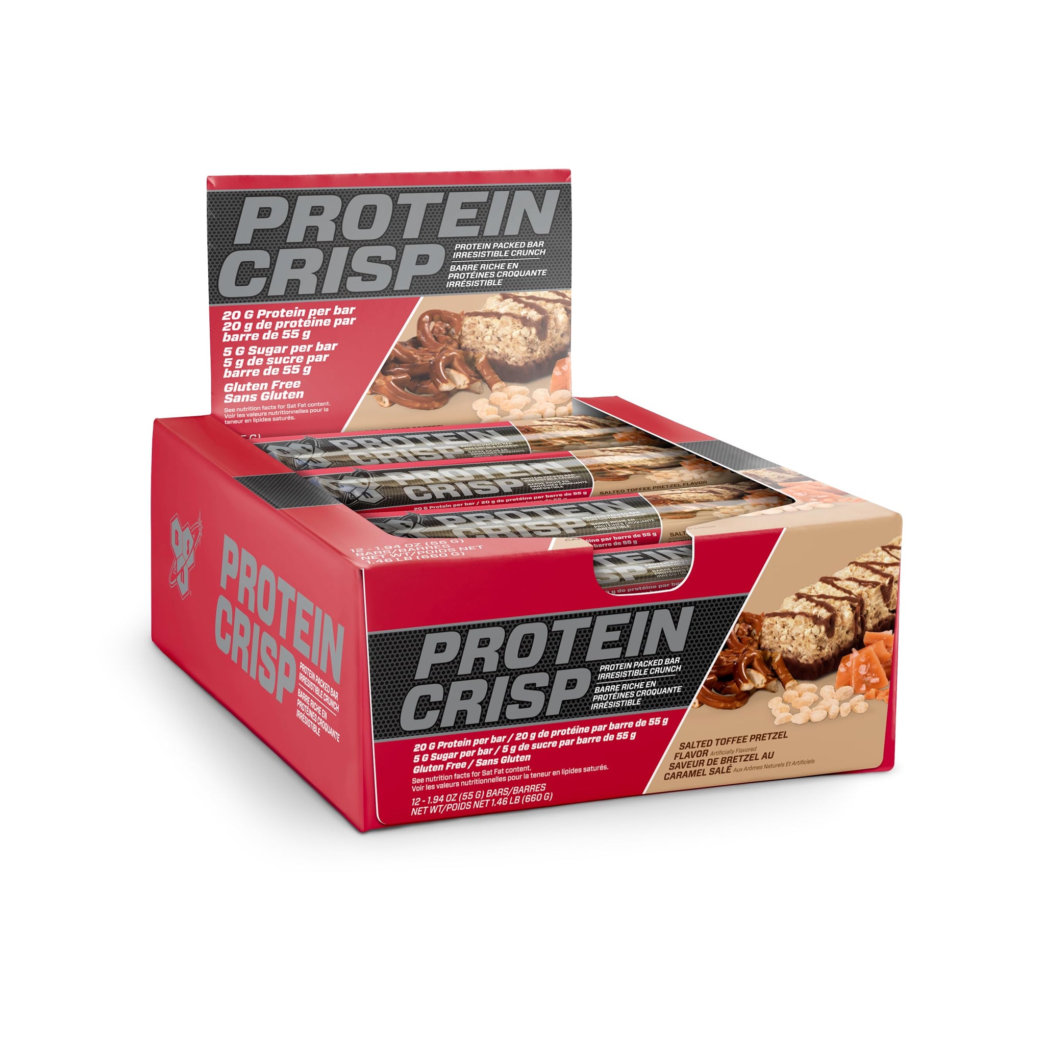 BSN Protein Crisp Bar, Salted Toffee Pretzel, 20 Gram Protein Snack Bars with Whey and Fiber, Gluten-Free Crunchy Energy Bars for Workout, Fitness