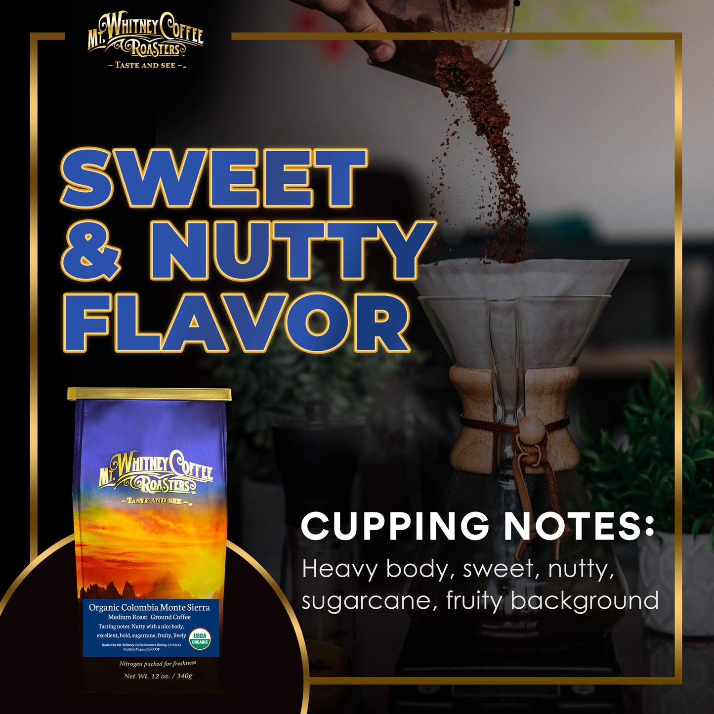 Mt. Whitney Colombia Monte Sierra Organic Single Origin, Medium Dark Roast, Smooth Full Flavored, Low Acid Coffee (Ground, 12 Oz)
