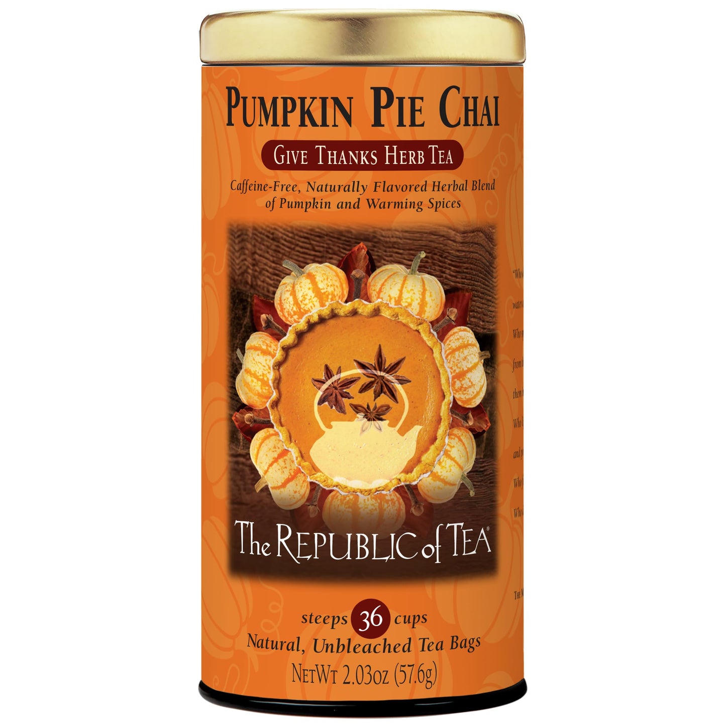 The Republic of Tea - Pumpkin Pie Chai Herbal Tea Tin, 36 Naturally Caffeine-Free Tea Bags