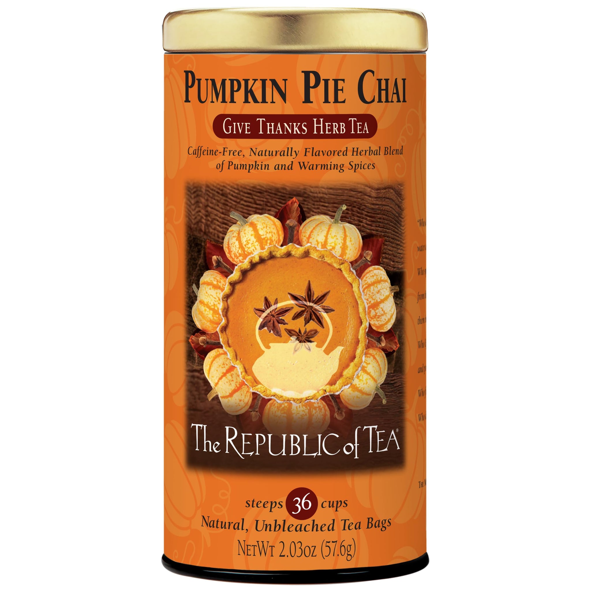 The Republic of Tea - Pumpkin Pie Chai Herbal Tea Tin, 36 Naturally Caffeine-Free Tea Bags