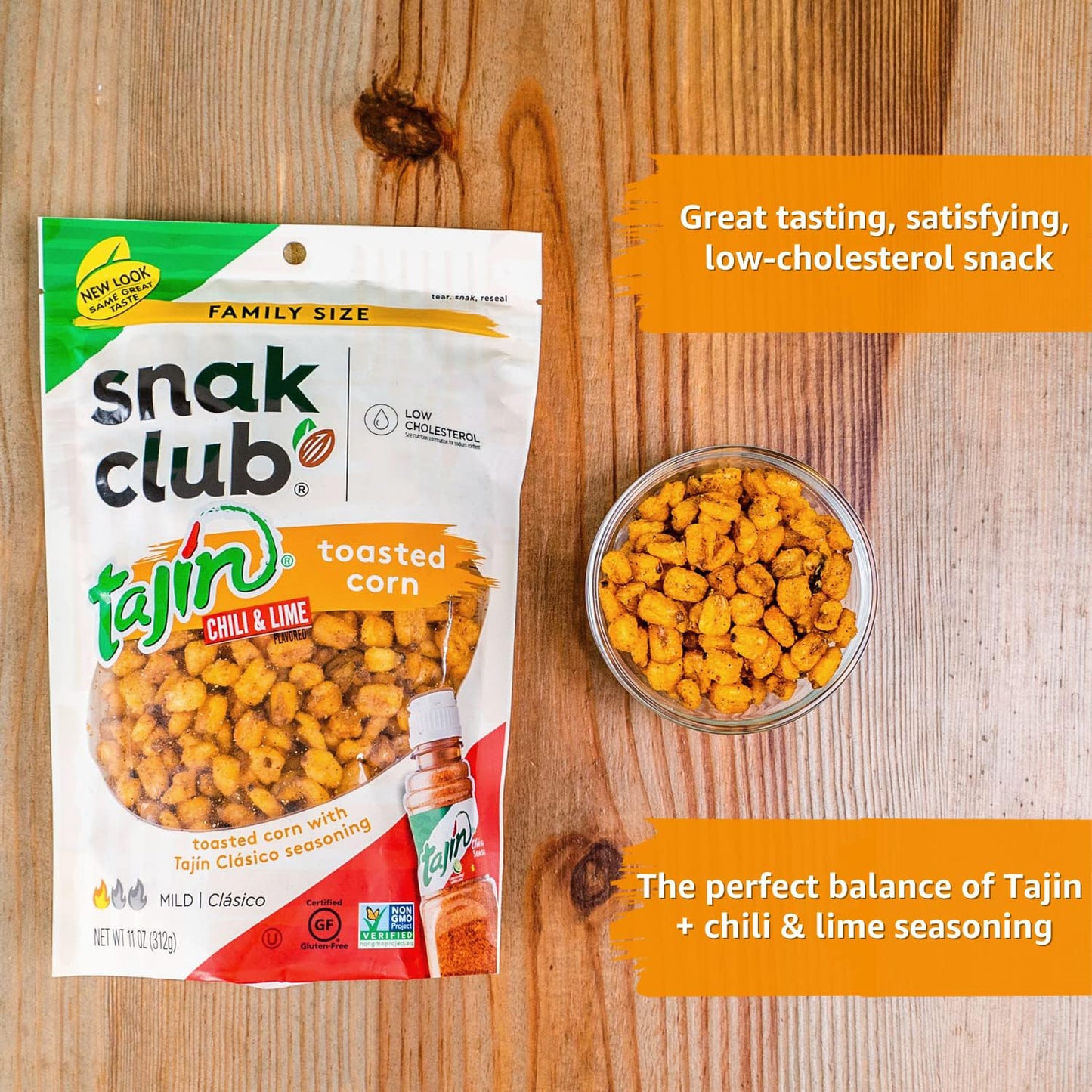 Snak Club Toasted Corn, Tajin Clásico Chili & Lime Flavor, Crunchy, Flavorful Low-Cholesterol Individual Snacks, 2.5oz (Pack of 12)