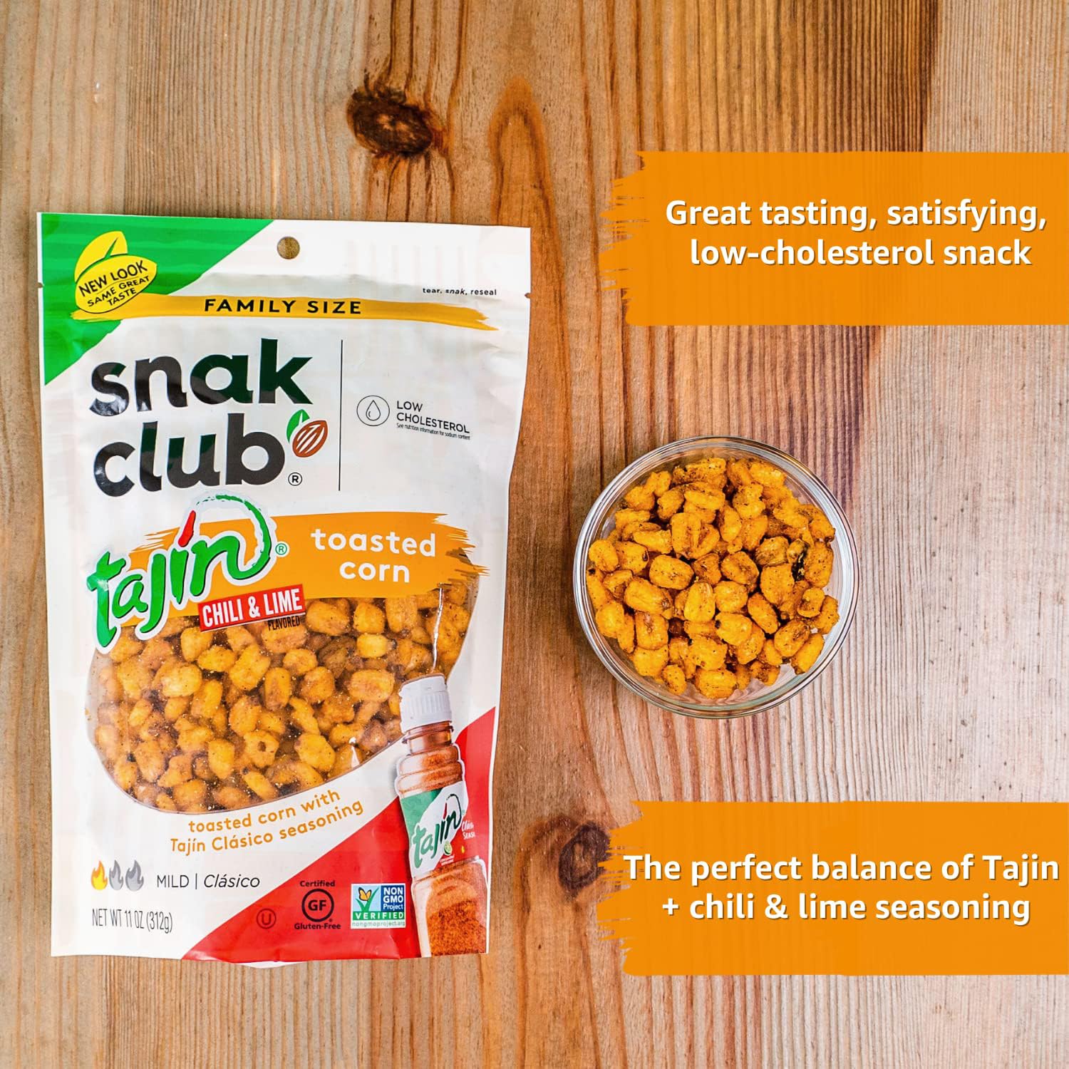 Snak Club Toasted Corn, Tajin Clásico Chili & Lime Flavor, Crunchy, Flavorful Low-Cholesterol Individual Snacks, 2.5oz (Pack of 12)