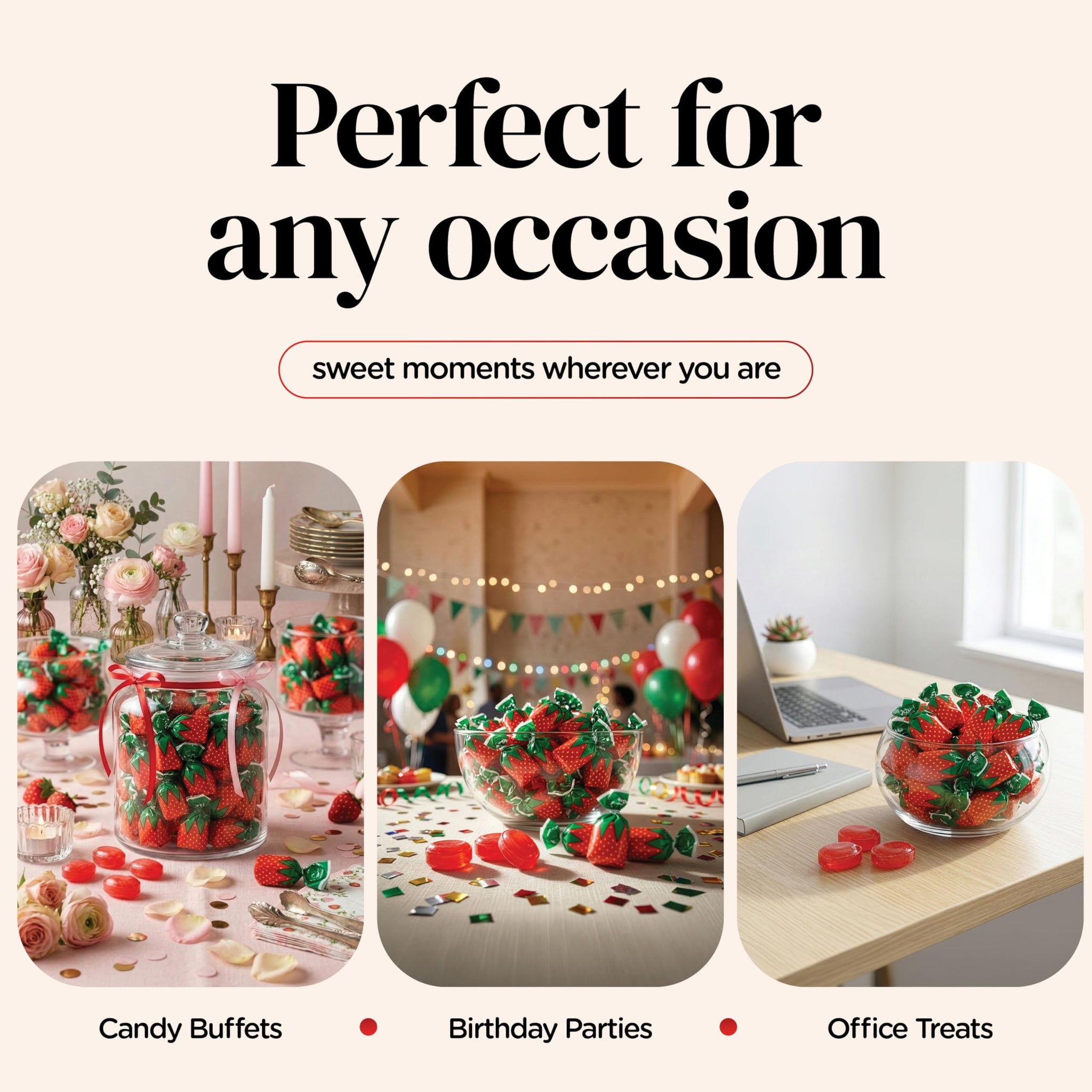 Strawberry Bon Bons Hard Candy, 1LB Bulk Bag - Individually Wrapped Old Fashioned Strawberry Filled Hard Candy with Soft Chewy Center, Classic Candy