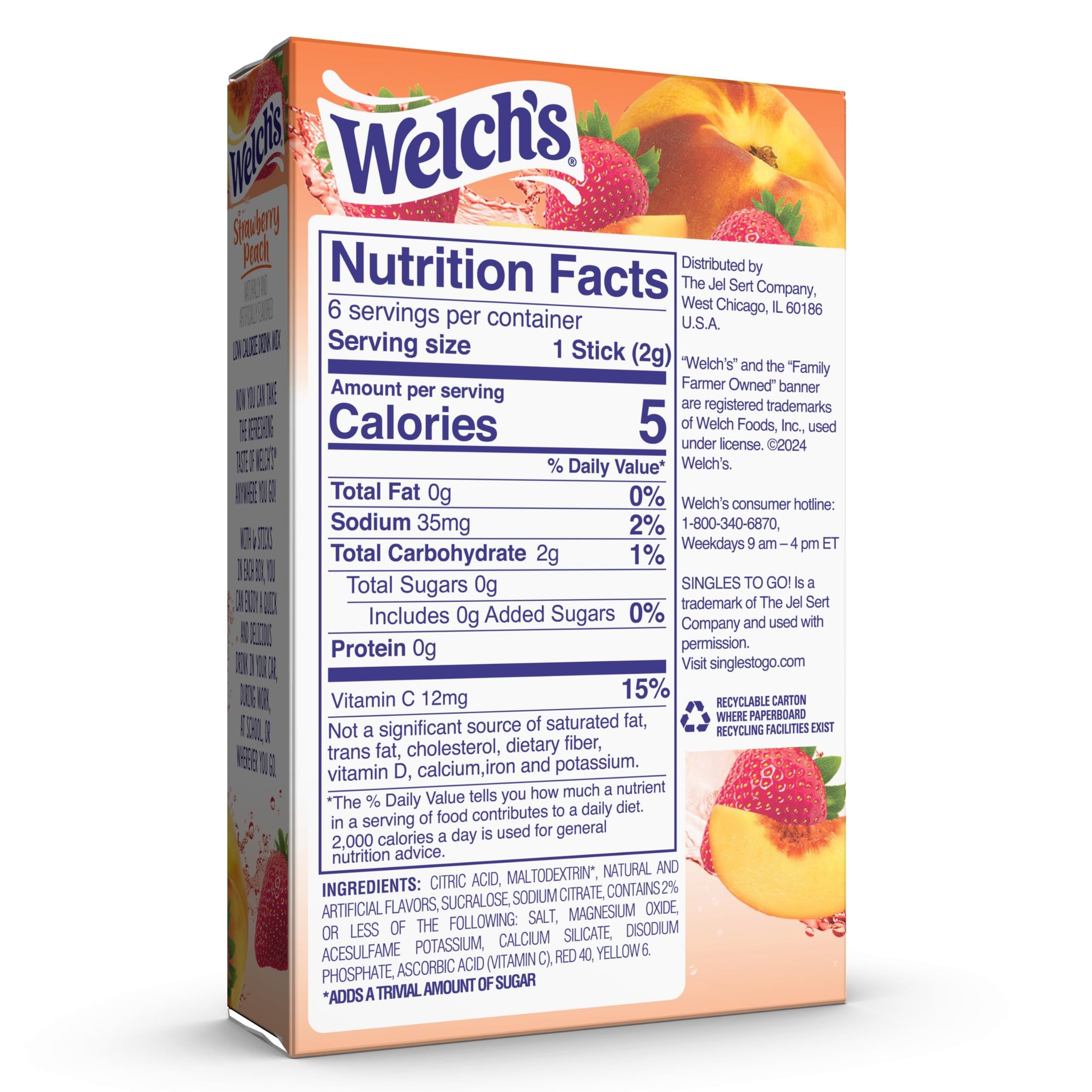 Welch's Singles To Go Water Drink Mix - Powder Sticks, Strawberry Peach, 0.48 Ounce (Pack of 12)