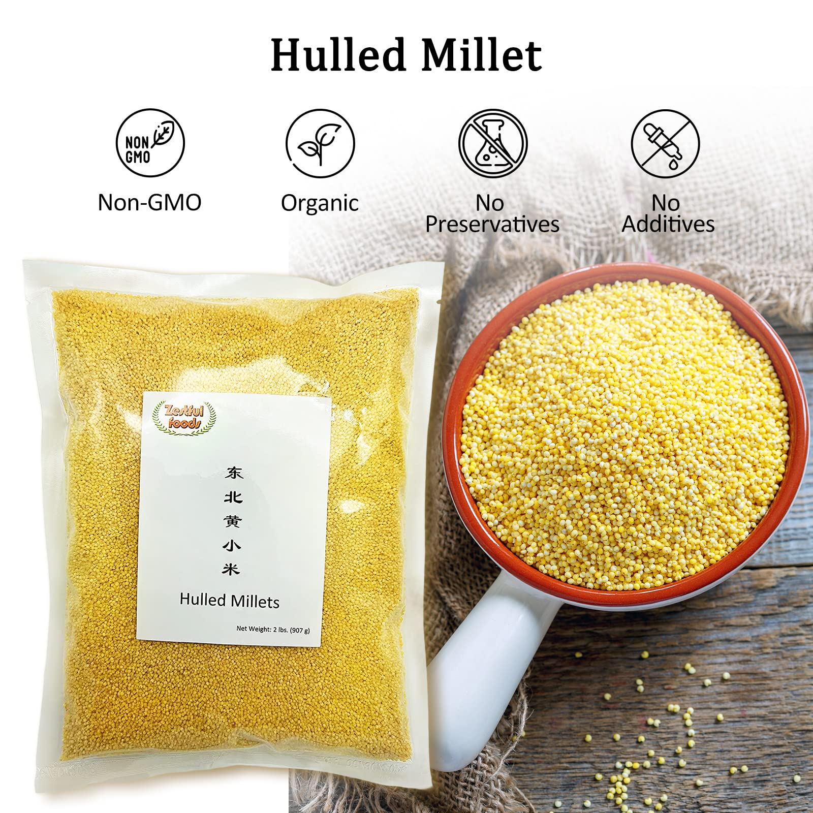 Zestful Foods Hulled Millets,millet grain,millet seed,millet flour gluten free,Whole Grain,Organic,2 Pounds