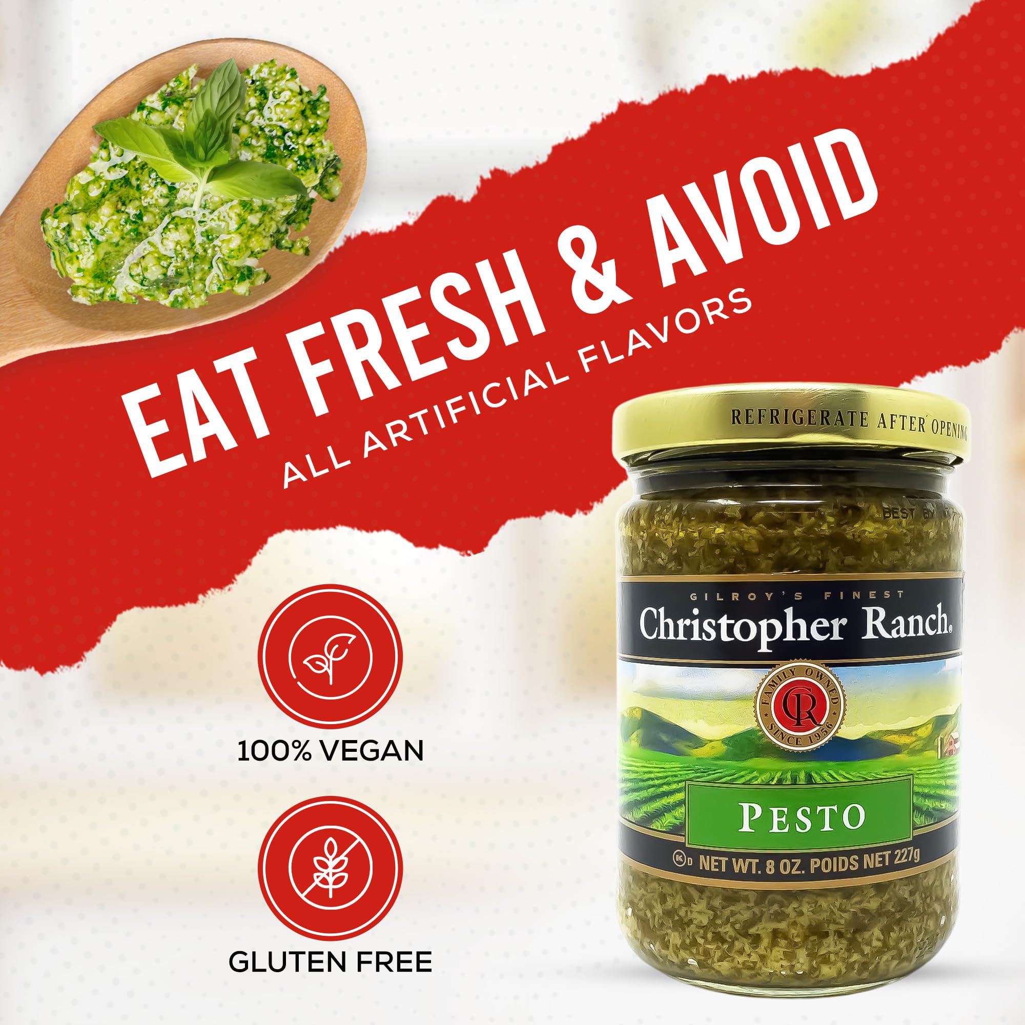 Christopher Ranch Gourmet Pesto Sauce | Fresh Basil, Almonds & Parmesan | Rich and Savory Garlic Blend | Perfect for Pasta, Pizza, Dips, and Roasting