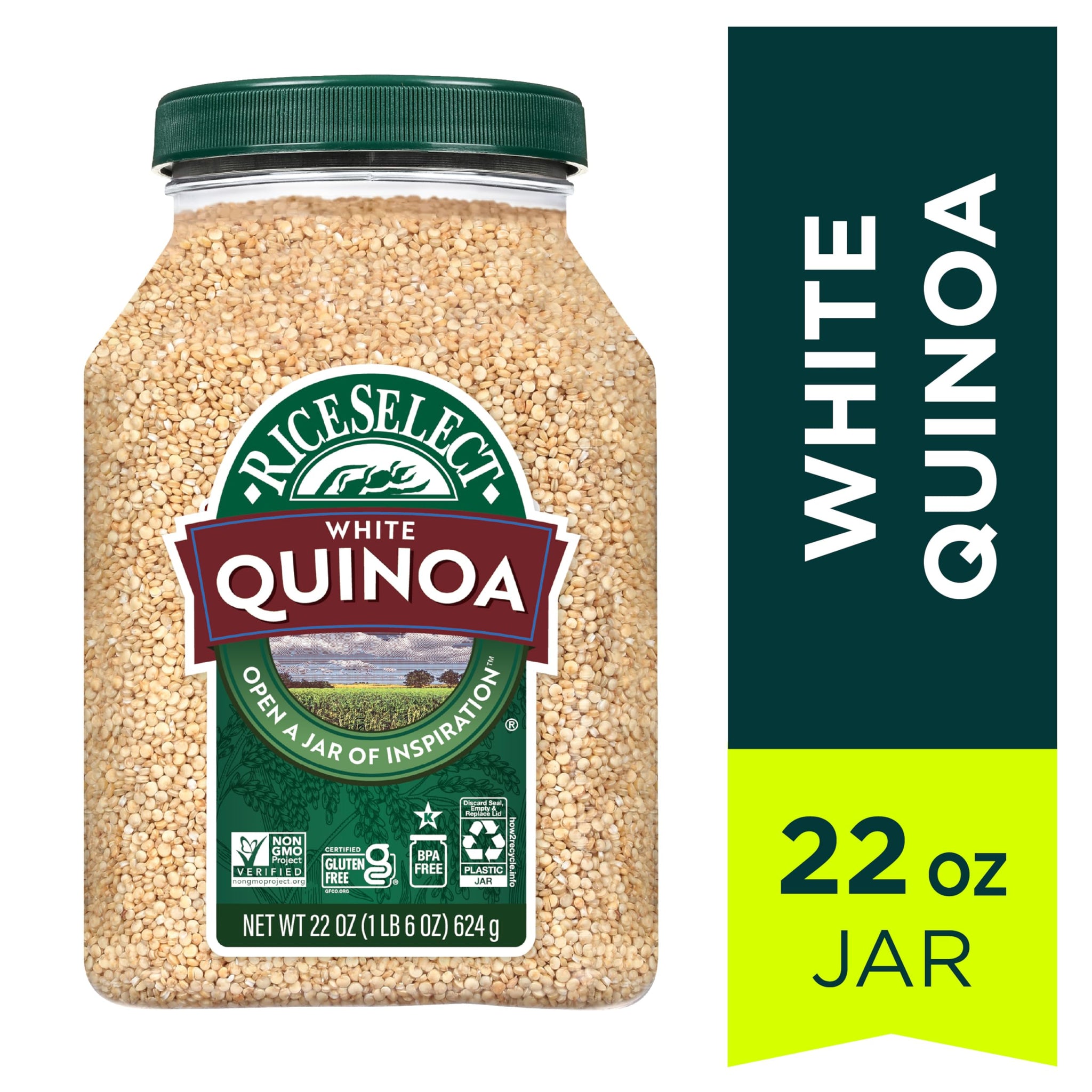 RiceSelect White Quinoa, Premium White Seeds, Gluten-Free, Non-GMO, Good Source of Fiber and Protein, 22oz Jar (Pack of 1)