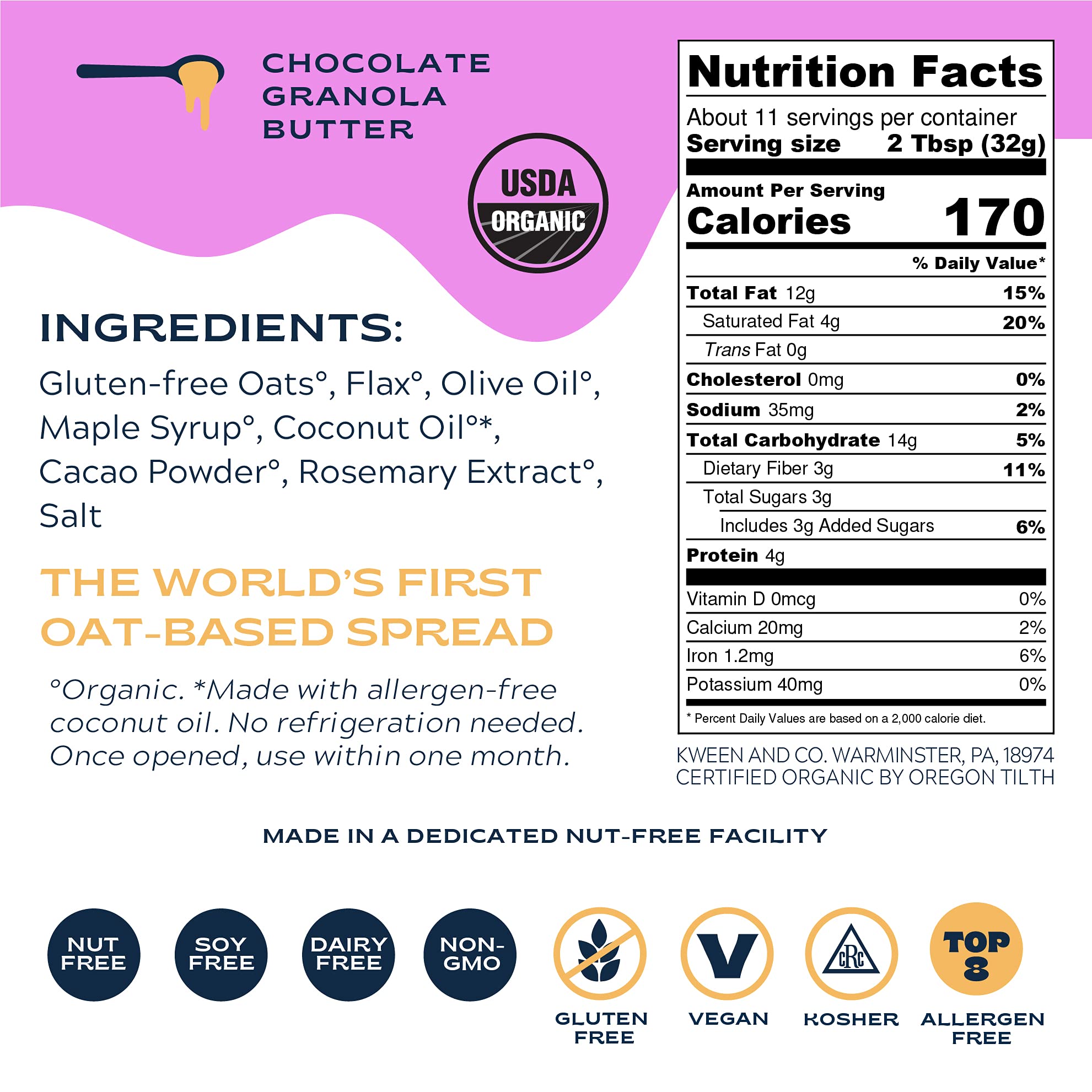 Oat Haus Organic Chocolate Granola Butter | Peanut-free, Almond (Tree-Nut) Free, & School-Safe (Top 8 Allergen Free) | Sunflower Seed & Hazelnut