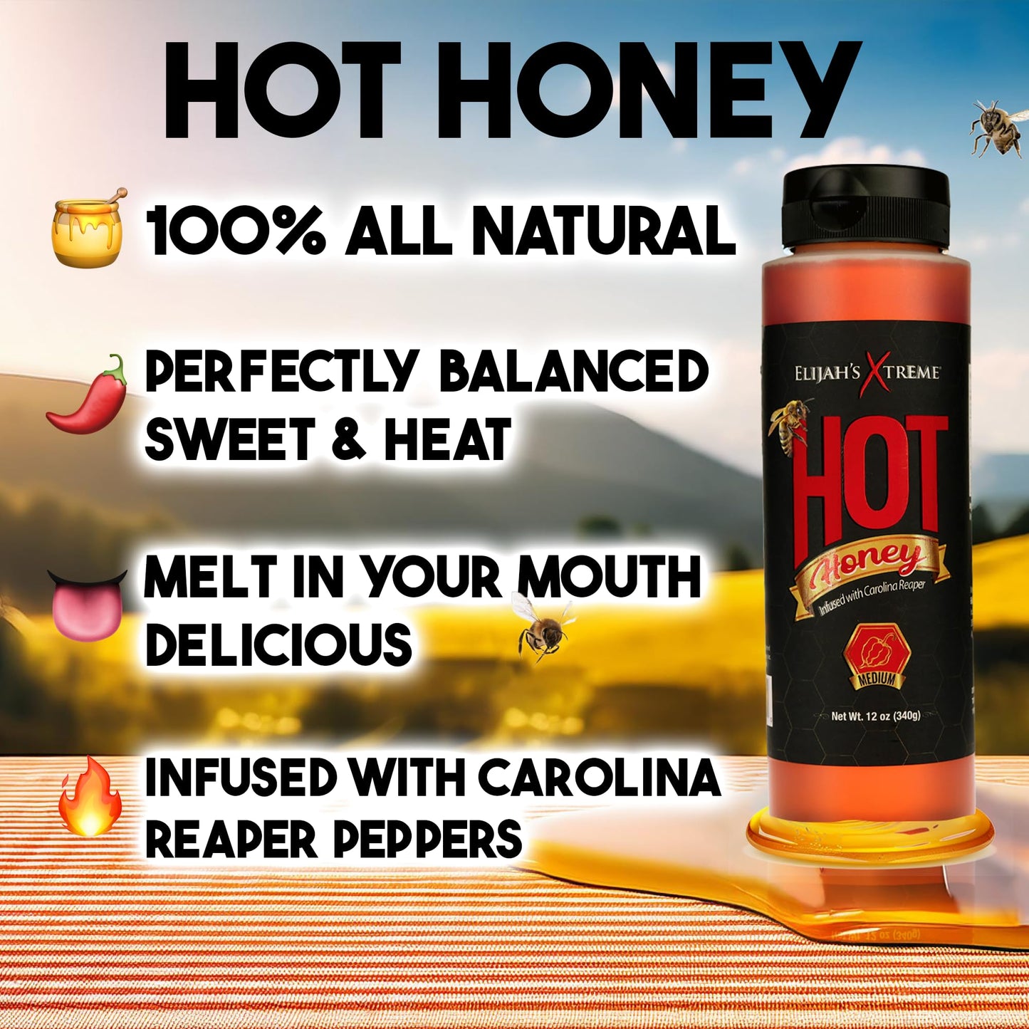 Elijah's Xtreme Hot Honey, 100% All Natural Pure Honey Infused with Carolina Reaper Peppers, Medium Heat Sweet & Spicy Honey Sauce Flavor, 12 oz