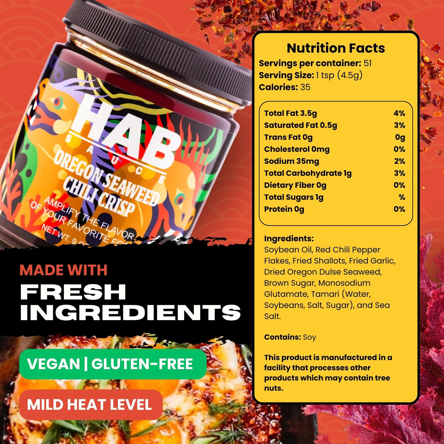 HAB Sauce Oregon Seaweed Chili Crisp - Small Batch Gourmet Hot Sauce with Umami & Spice | Made with Natural Ingredients | Vegan & Gluten Free |