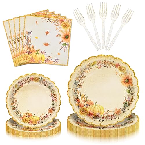 96 Pieces Fall Pumpkin Tableware Set Party Supplies - Scalloped Edge Disposable Paper Plates, Napkins, and Forks, Autumn Floral Design