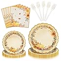 96 Pieces Fall Pumpkin Tableware Set Party Supplies - Scalloped Edge Disposable Paper Plates, Napkins, and Forks, Autumn Floral Design