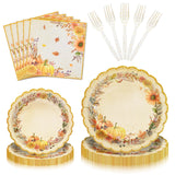 96 Pieces Fall Pumpkin Tableware Set Party Supplies - Scalloped Edge Disposable Paper Plates, Napkins, and Forks, Autumn Floral Design