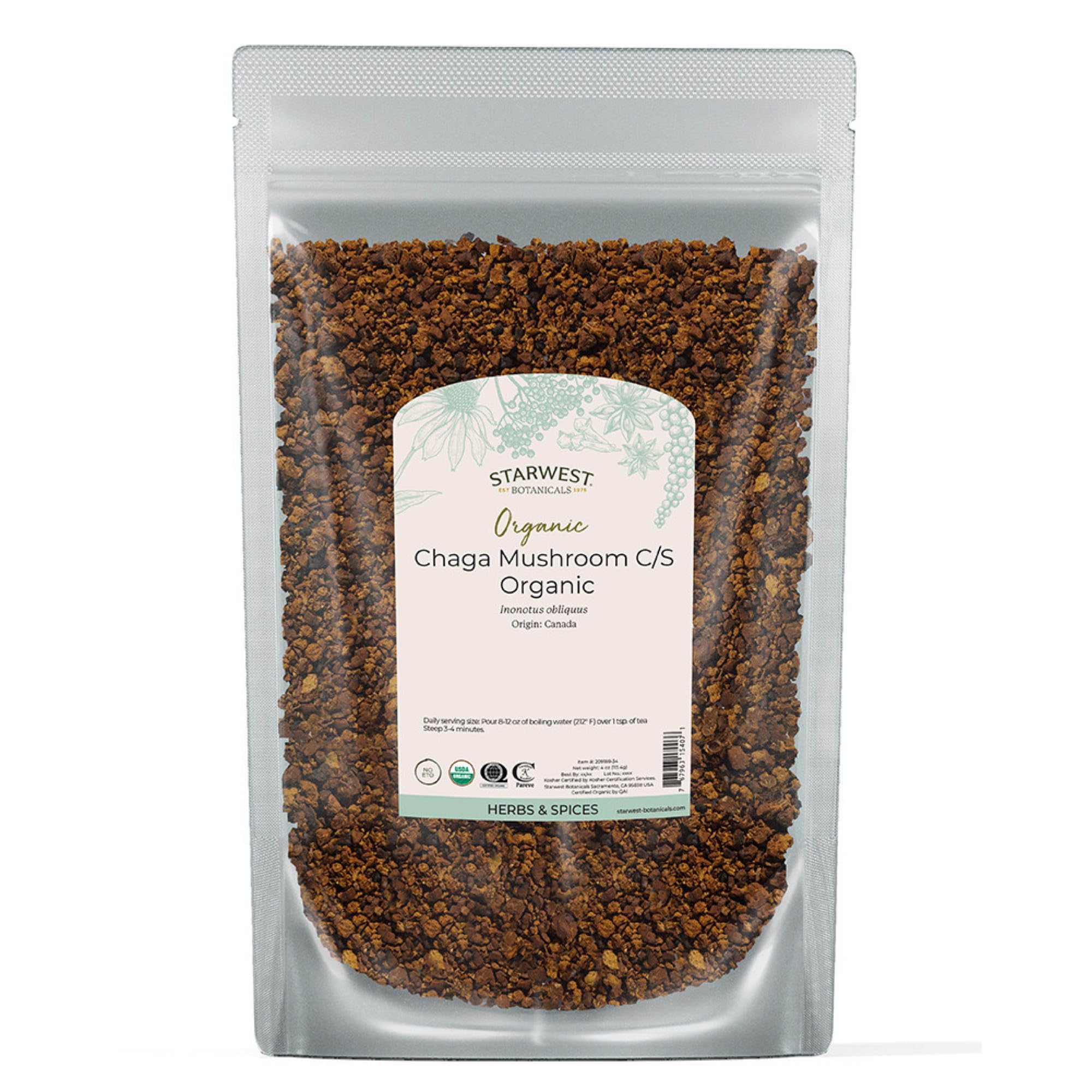 Starwest Botanicals Organic Dried Chaga Mushrooms - Cut and Sifted Chaga for Tea, Soups, Stews, Shakes, & More, Natural Earthy Flavor, Non GMO - 4 oz