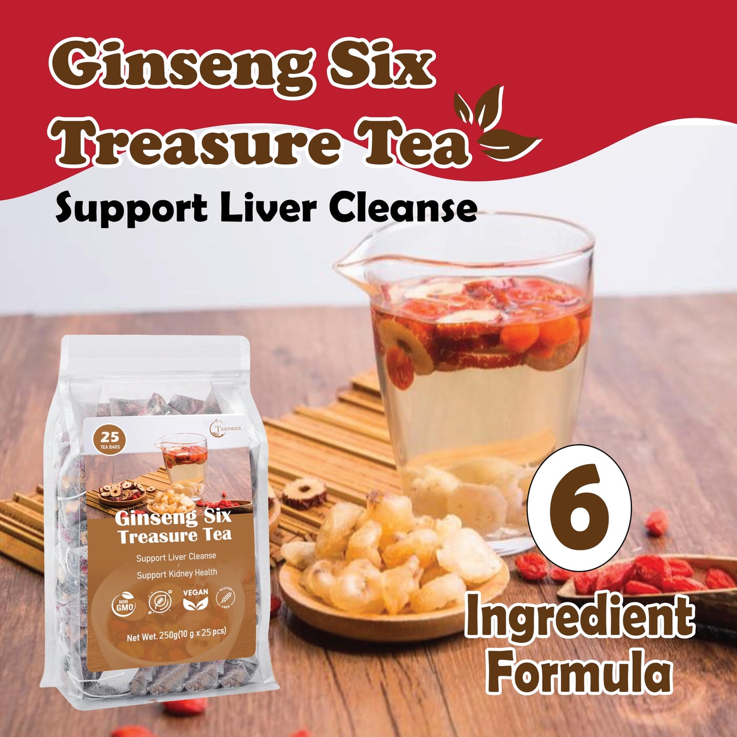 Kidney tea formula Ginseng Six Treasure Tea, Liver and Kidney Care Tea, Pure Chinese Herbal Medicine Five Treasures tea, Men’s Herbal Tea? 6 Precious