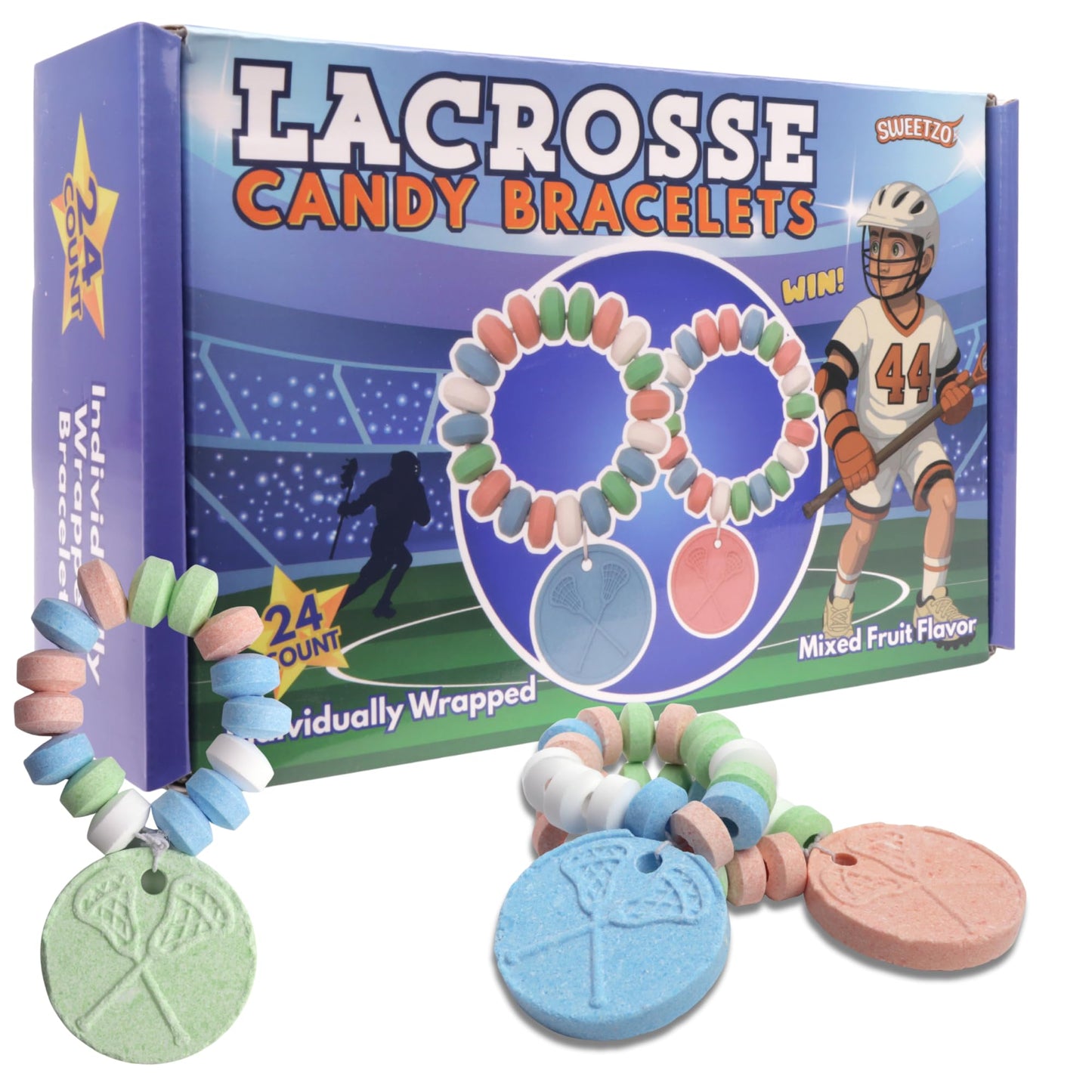Lacrosse Candy Bracelets, Sports Themed Edible Jewelry, Team Party Favors, 24 Count, 10.16 Ounces