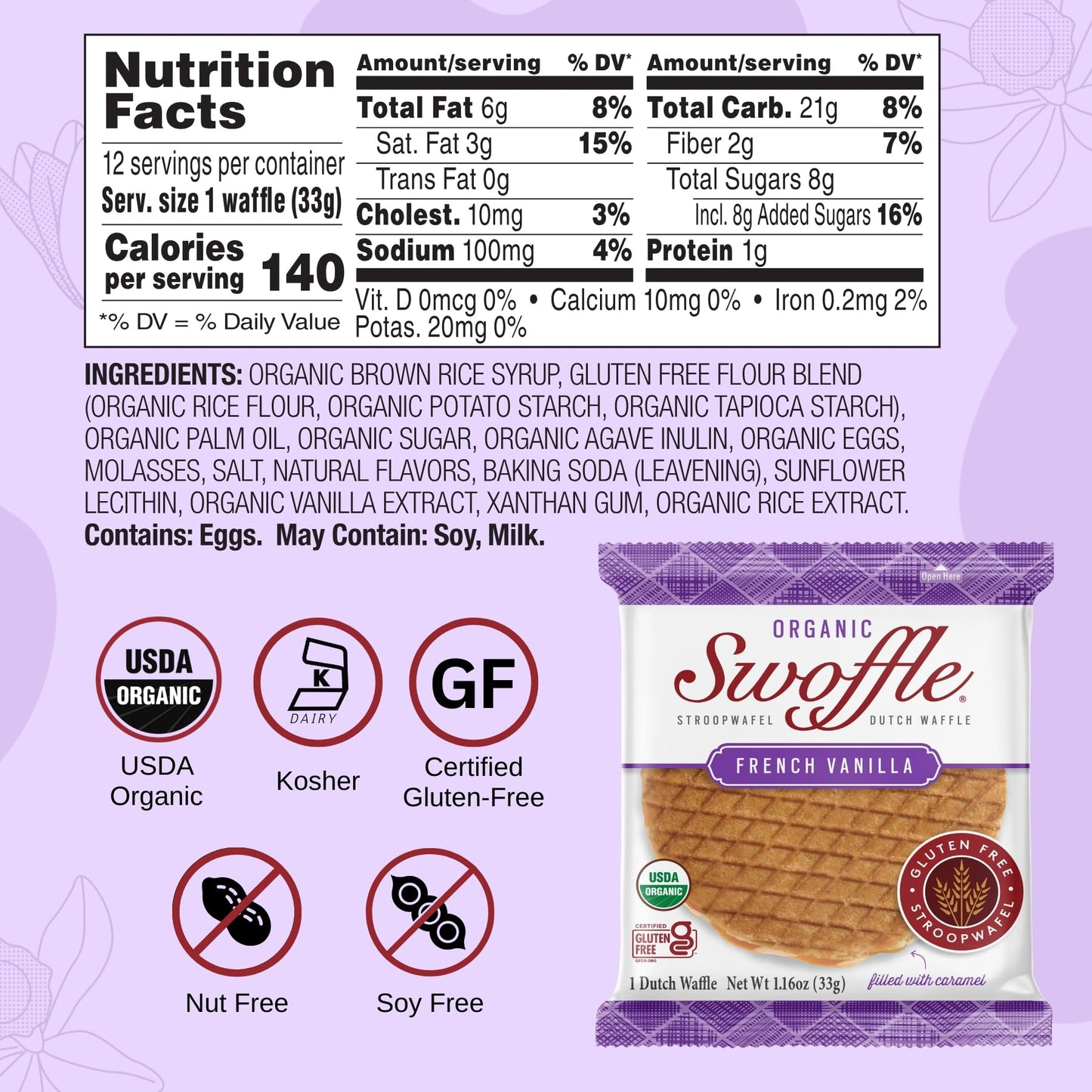 Gluten Free Certified Organic Stroopwafels by Swoffle - Caramel Filled & French Vanilla | (12) Individually Wrapped Waffles, (6) of Each Flavor |