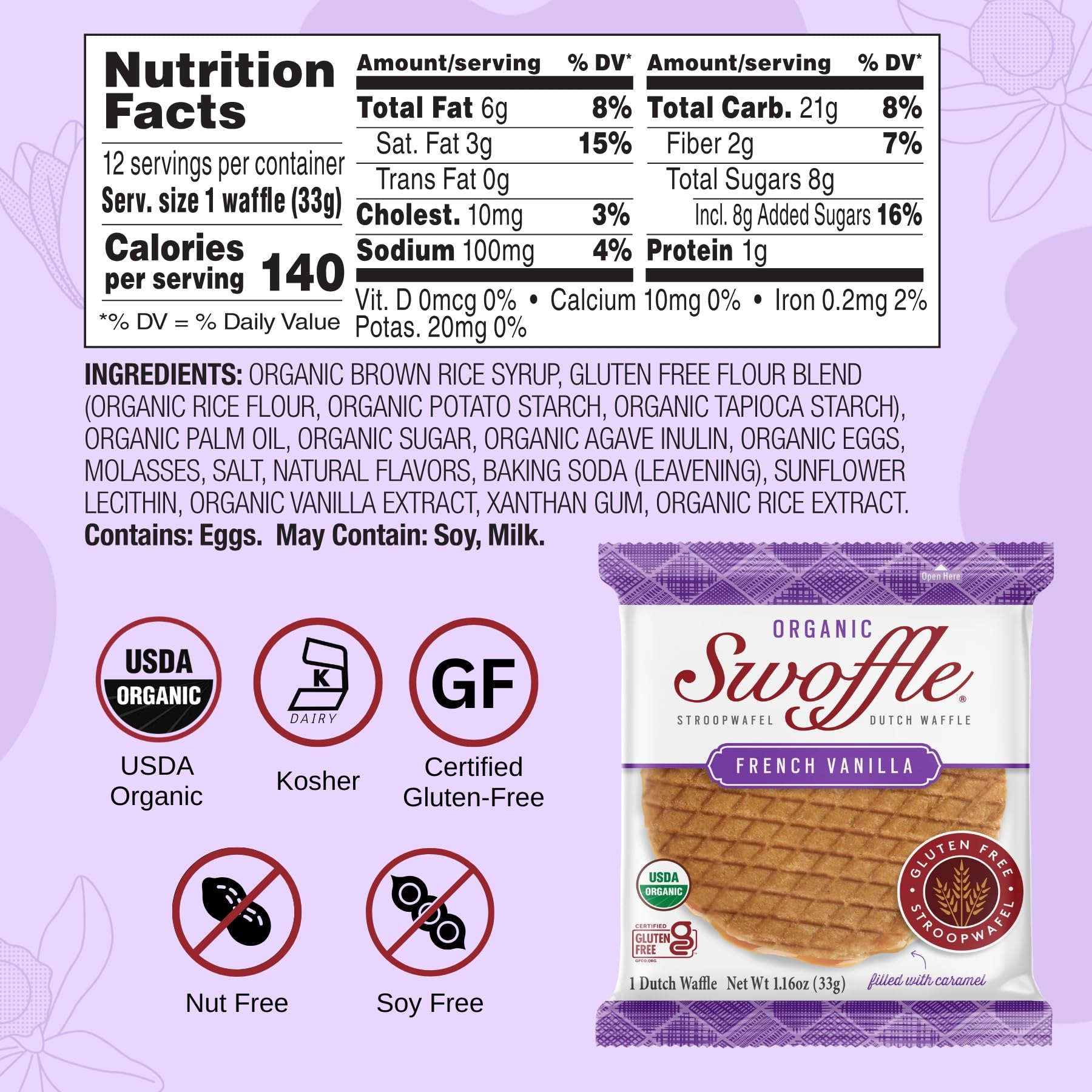 Gluten Free Certified Organic Stroopwafels by Swoffle - Caramel Filled & French Vanilla | (12) Individually Wrapped Waffles, (6) of Each Flavor |