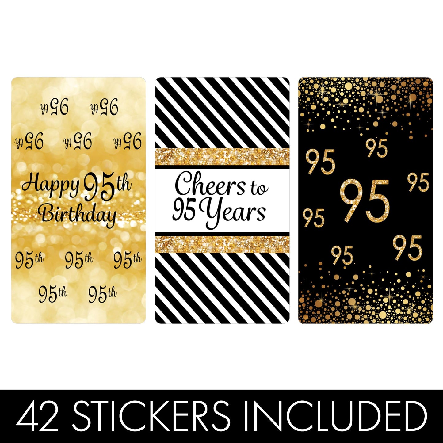 DISTINCTIVS Black and Gold 95th Birthday Mini Candy Bar Wrappers - 42 Stickers, 95th Birthday Decorations