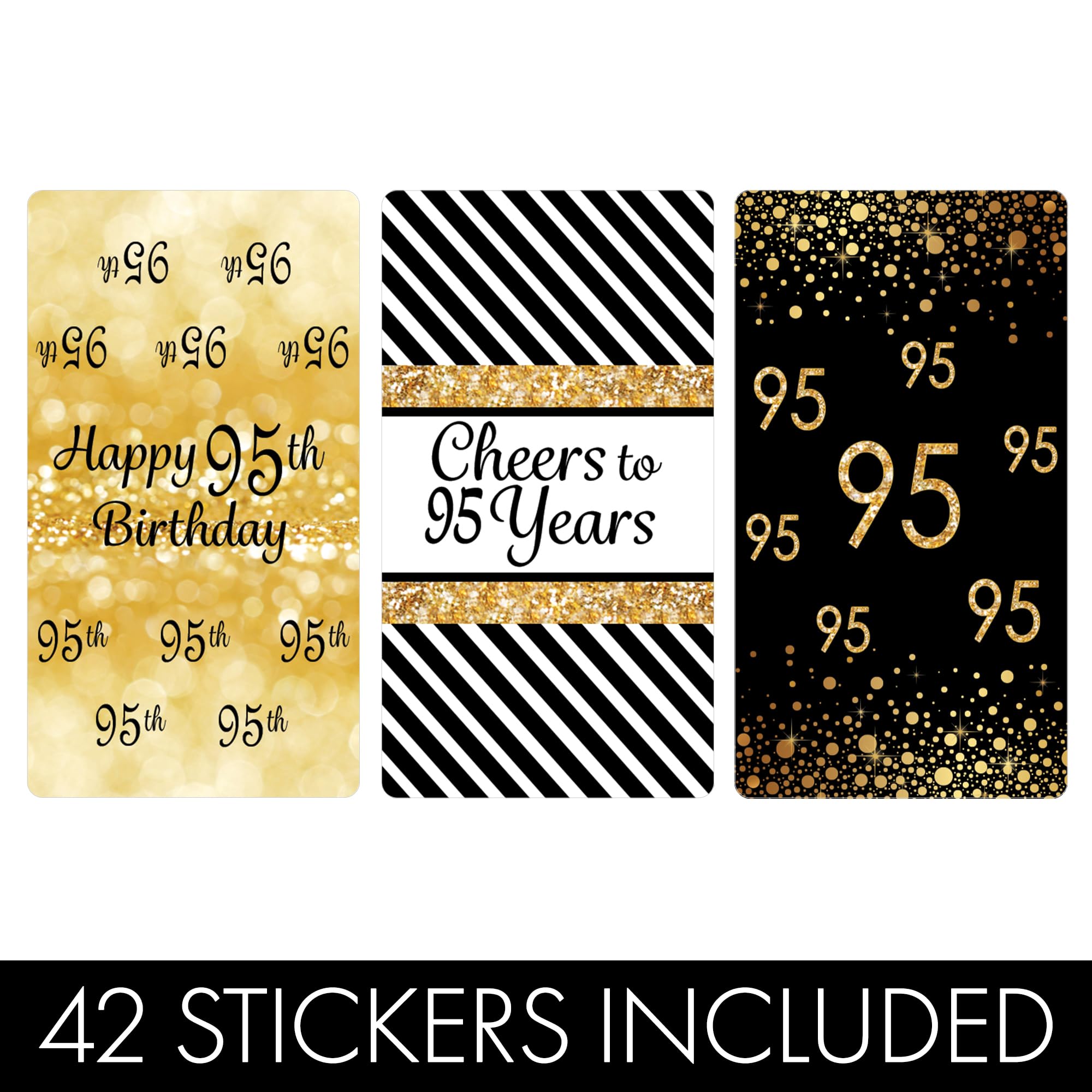 DISTINCTIVS Black and Gold 95th Birthday Mini Candy Bar Wrappers - 42 Stickers, 95th Birthday Decorations