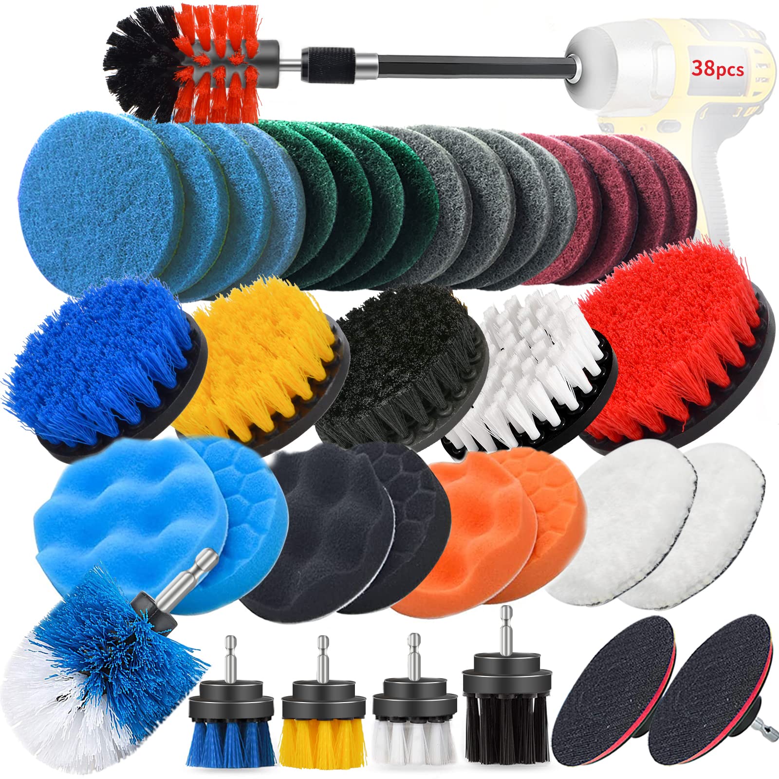JUSONEY Drill Brush Scrub Pads 38 Piece Power Scrubber Cleaning Kit - All Purpose Cleaner Scrubbing Cordless Drill for Cleaning Pool Tile, Sinks
