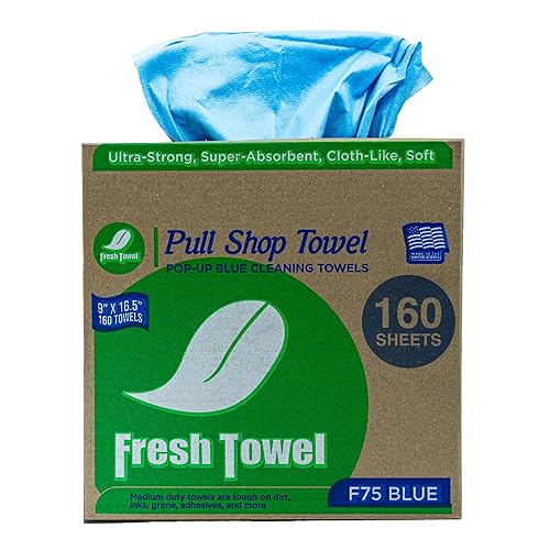 Fresh Towel Pop-Up Shop Towels - Medium Duty Blue Disposable Cleaning Cloths, 9" x 16.5" - 1 Box of 160 Soft, Absorbent Wipes for Garage, Janitorial