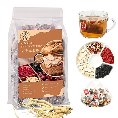 American Ginseng Five Treasures Tea, Kidney Tea Formula with Organic Wolfberry & Mulberry, Traditional Five Treasures Herbal Tea for Men & Women, Six