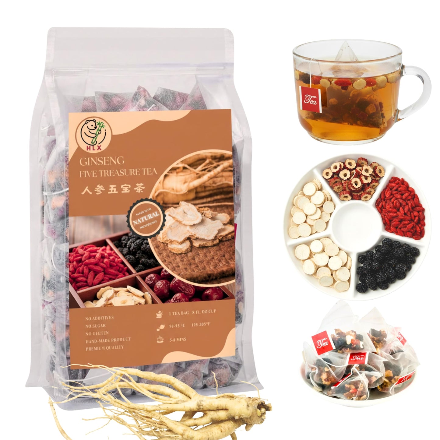 American Ginseng Five Treasures Tea, Kidney Tea Formula with Organic Wolfberry & Mulberry, Traditional Five Treasures Herbal Tea for Men & Women, Six