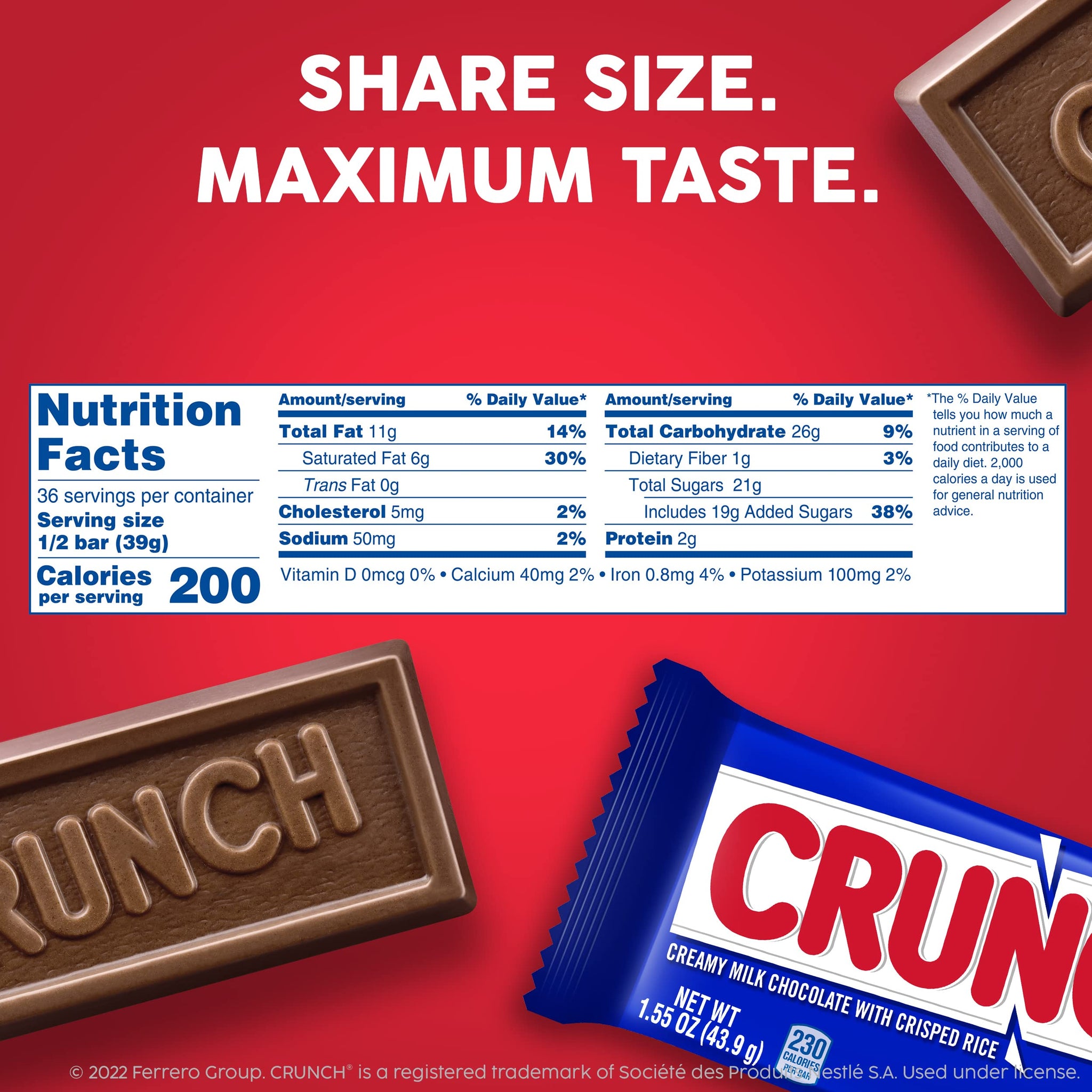 CRUNCH Candy Bar, Creamy Milk Chocolate with Crunchy Crisped Rice, Share Pack, 18 Count, 2.7 oz Each